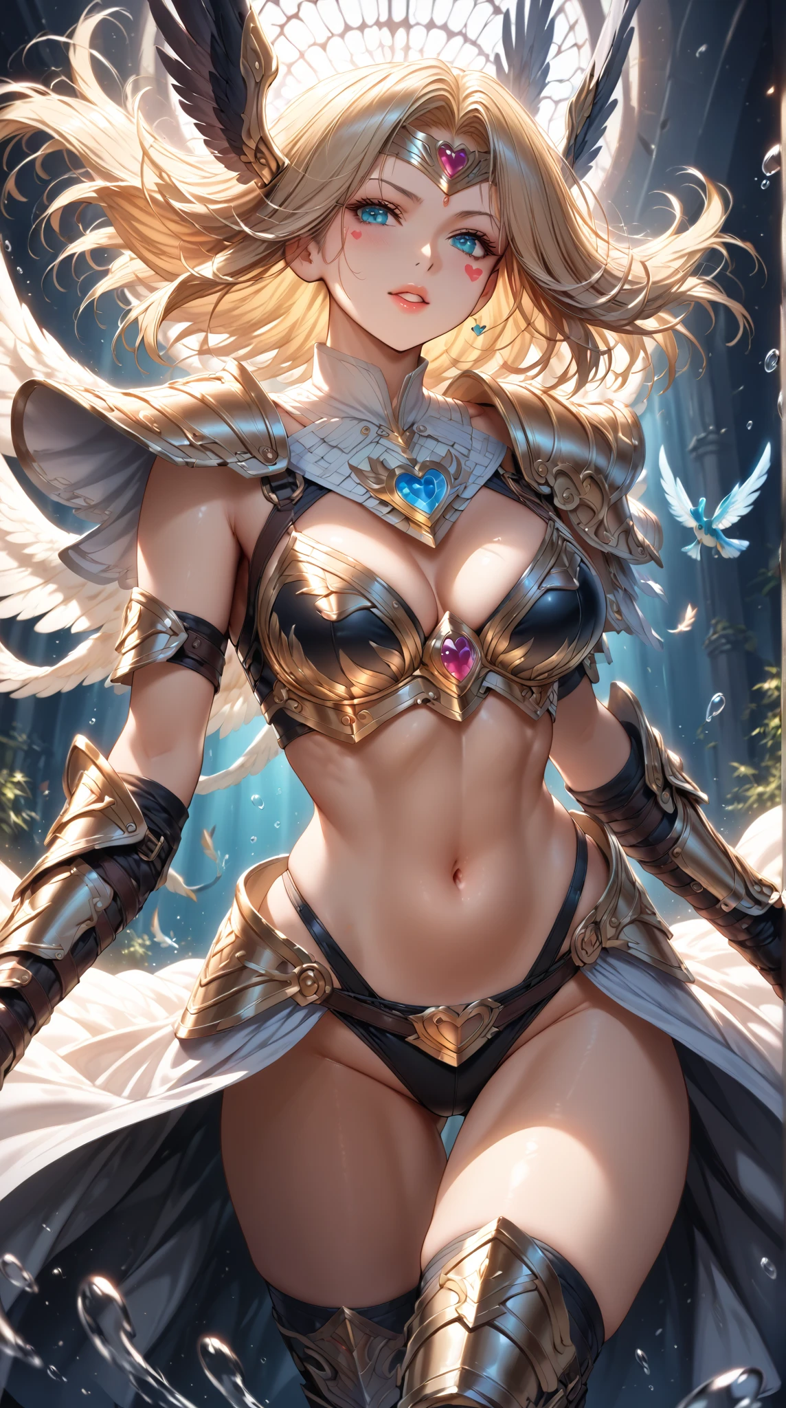 (Perfect Anatomy)、Mastepiece、Ultra High Quality、 8K、masterpiece、Highest quality、Ultra-high resolution、Maximum resolution、Very detailed、Professional Lighting、anime、woman、thin、so beautiful、Highly detailed eye、Highly detailed face、Blue and white armor, , Golden decorated luxury tiara,Golden earrings,Frilly Armor,Light blue hair, blue eyes,White underwear、Gloss Lip、Pink Lips、grassland, full body, dynamic angle, dynamic pose, Heroic pose, pillars of ice, (((long sword))), (((shield))), Defending with water magic, Making eyes glow, flying attack, Swinging down a sword, bikini armor, high heels, floating hair,