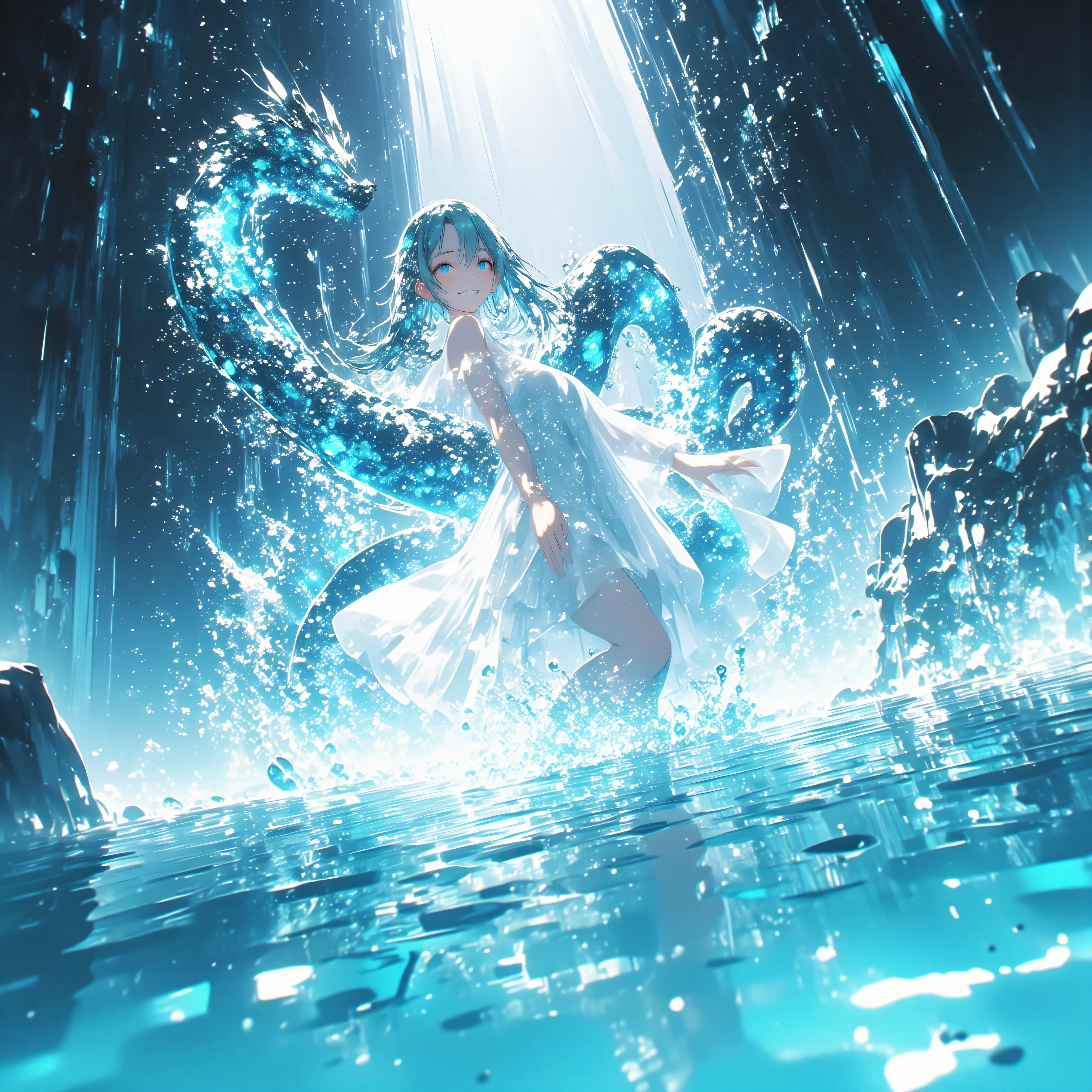 cowboy shot、A crystal cave hidden behind a majestic waterfall, wrapped in soft pale white light from above、A shining wall. beautiful with pale blue skin and long hair A young woman, and her finely woven pale blue hair dances gracefully with a transparent flowing dress. with her sexy, her curved body gracefully extends her arms、dazzling smile, as if merging with the surrounding water. she creates large ripples on the surface, a spectacular water dragon circling through the air, and countless glowing bubbles rise. and a breathtaking fantasy anime-style dynamic magical water effect. magical particles floating in the air are shining, and a magical water slide where little fairies carry joy with delicate feathers. seen from above, her flowing hair, See-Through Dress, and a breathtaking fantasy anime-style dynamic magical water effect. ultra high resolution, very high quality, perfect lighting and composition - a true masterpiece.