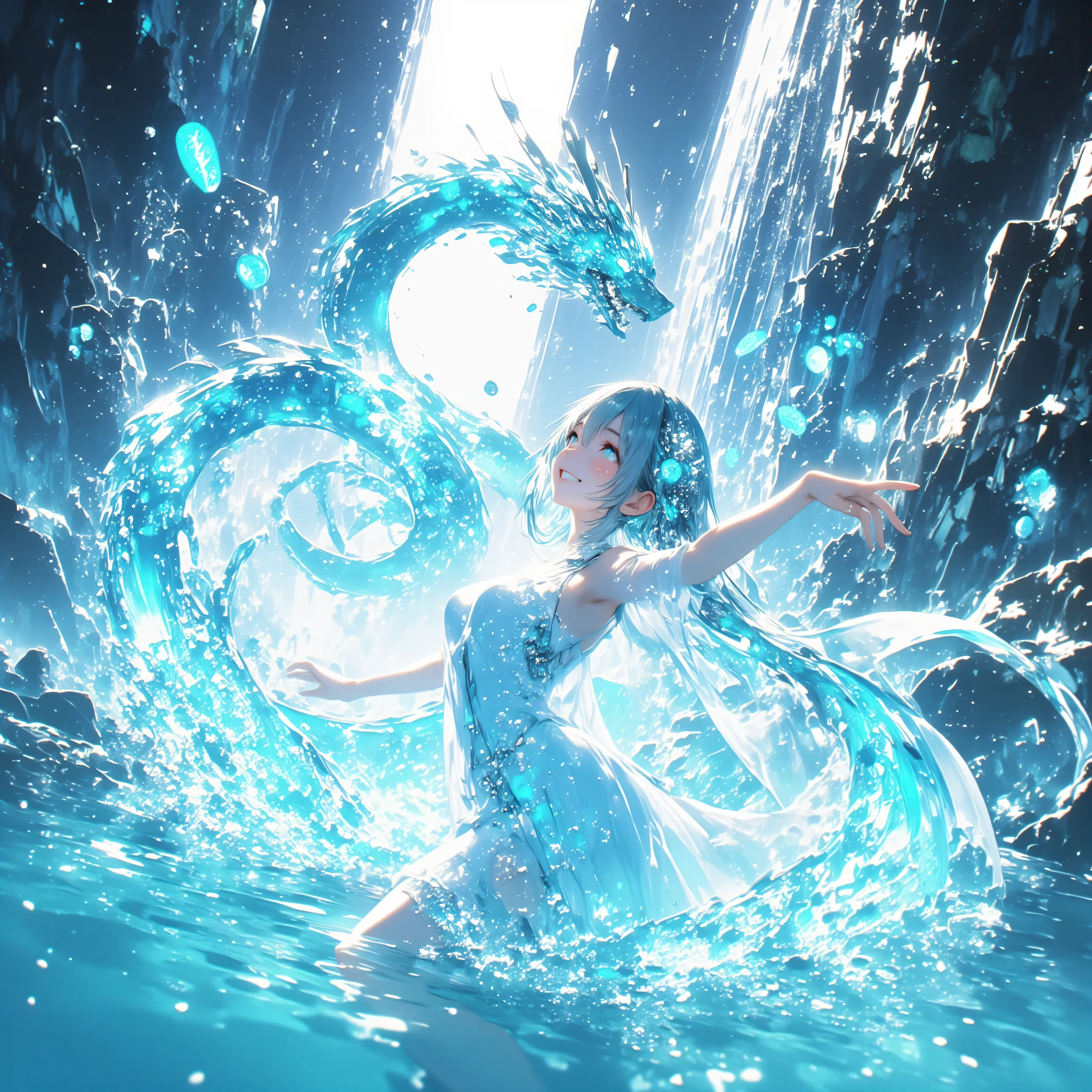 cowboy shot、A crystal cave hidden behind a majestic waterfall, wrapped in soft pale white light from above、A shining wall. beautiful with pale blue skin and long hair A young woman, and her finely woven pale blue hair dances gracefully with a transparent flowing dress. with her sexy, her curved body gracefully extends her arms、dazzling smile, as if merging with the surrounding water. she creates large ripples on the surface, a spectacular water dragon circling through the air, and countless glowing bubbles rise. and a breathtaking fantasy anime-style dynamic magical water effect. magical particles floating in the air are shining, and a magical water slide where little fairies carry joy with delicate feathers. seen from above, her flowing hair, See-Through Dress, and a breathtaking fantasy anime-style dynamic magical water effect. ultra high resolution, very high quality, perfect lighting and composition - a true masterpiece.