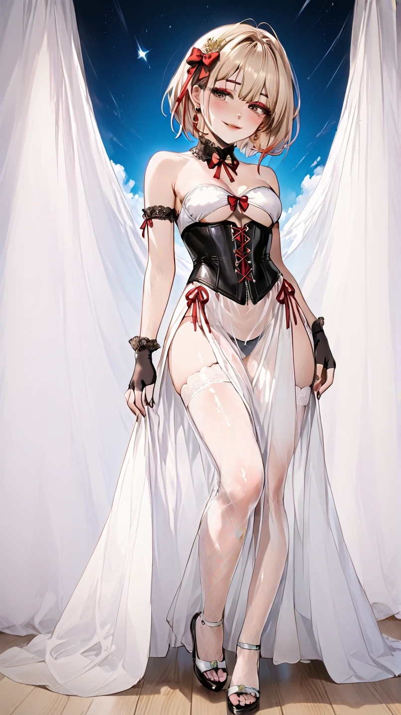 (Highly detailed CG unity 8k), (highest quality),(very detailed),(ultra high resolution), 1 female, (white cloth gag:1.4), rope bondage, breasts rope bondage, hands back rope bondage, thigh rope bondage, bust rope bondage, feet rope bondage, Arms behind the waist, ankles rope bondage, (knee rope bondage:1.4), Black Hair, (wedding dress in pure white:1.3), (White long wedding veil:1.3), Wedding Tiara, (white stockings:1.4), (White garter belt), teary eyes, church, altar, standing pose, (Skirt length to the floor:1.3), White high heels, tall,