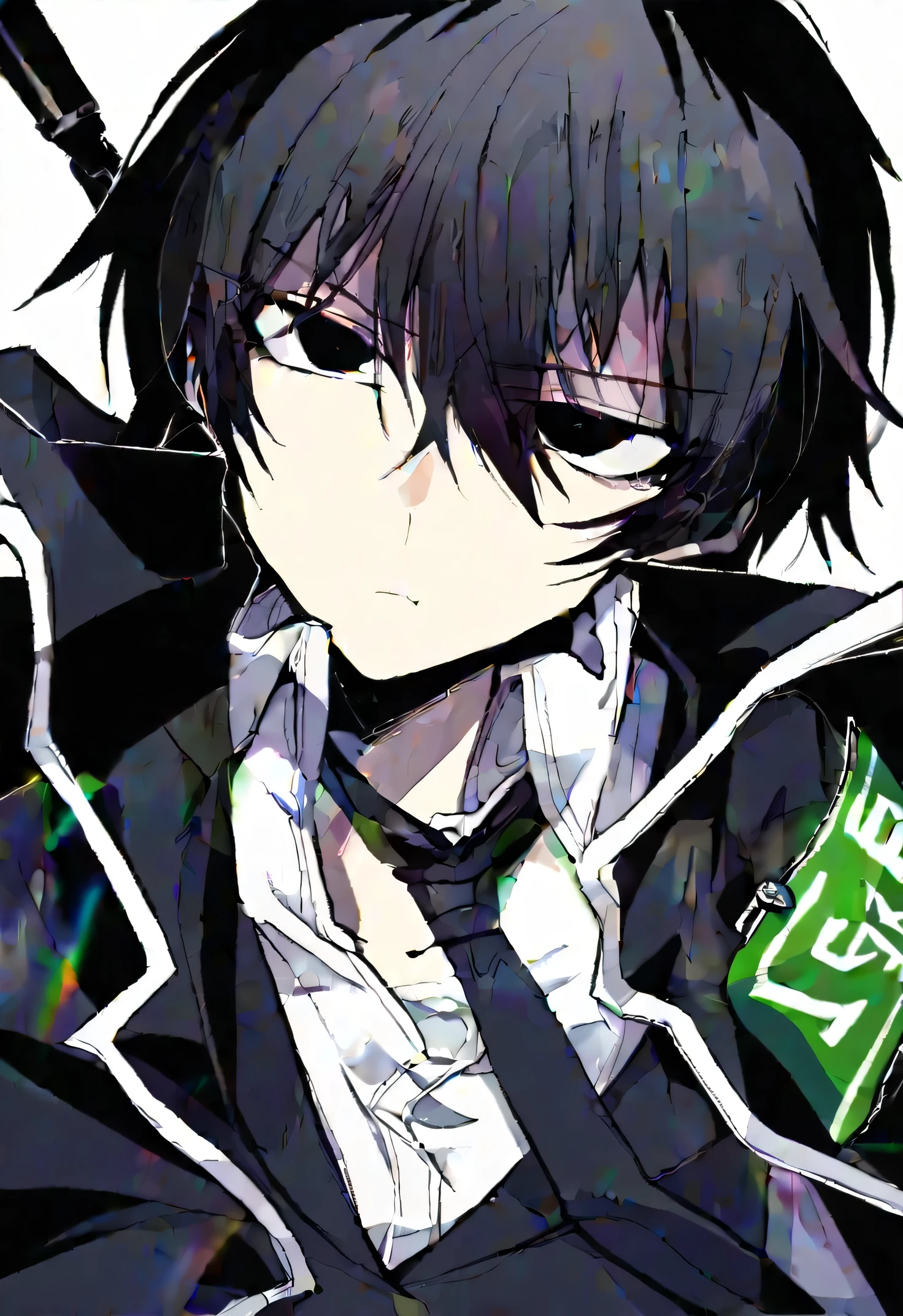 masterpiece, Perfect face, pretty face, perfect arms, beautiful arms , 1 boy, One, IsAnglimbus, black hair, short hair, black eyes, YisanGLament, white shirt, black tie, black vest , black coat on my head, white flaps, green armband, держащий a gun, a gun, is a double arrangement, cross, crossed weapons, is a double arrangement, держащий a gun, a gun, close-up, looks at the viewer, serious person, face focus, plain white background