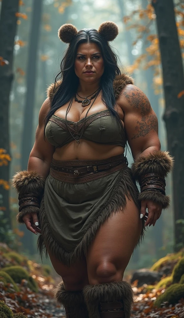 Young orc woman, female orc, chubby, fearsome, walking in the forest, overweight, dirty hair, ((green skin)), skin imperfections, skin dentation, detailed eyes, big saggy breasts, wide hips, round belly, sharp Focus, ultra high quality, voluptuous, crazy details, intricate pose, (wearing dirty leather and fur clothes), tribal tattoos, (wearing dirty linen dress), dirty clothes and skin, deep cleavage, 8k uhd wallpaper, masterpiece, photography, hyperrealistic, intricate shooting angle, orczor, shewoworc, naz_grandmight