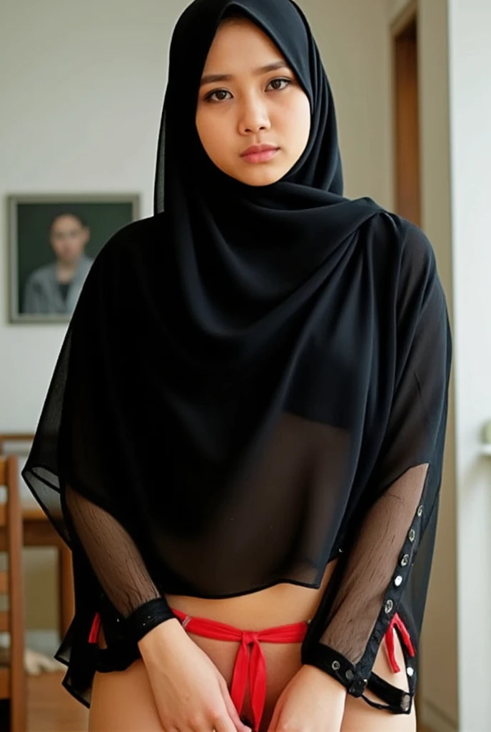 Young beautiful sweet Bogor city girl, 25 years old, her name is Salma, mixed descent from sundanese and Javanese, slim sexy body, medium size teenage breasts, big round childish eyes, cute little hawk type nose, shy and quite type girl, very messy sweaty medium long black hair with a bangs, big wide forehead, very sweet georgeus round childish face, wearing very thin hijab that covering all her hairs and ears, wearing pink long sleeve buttoned long dress, wearing white thin see through trousers, wearing wedges, standing cheerful at home yard,