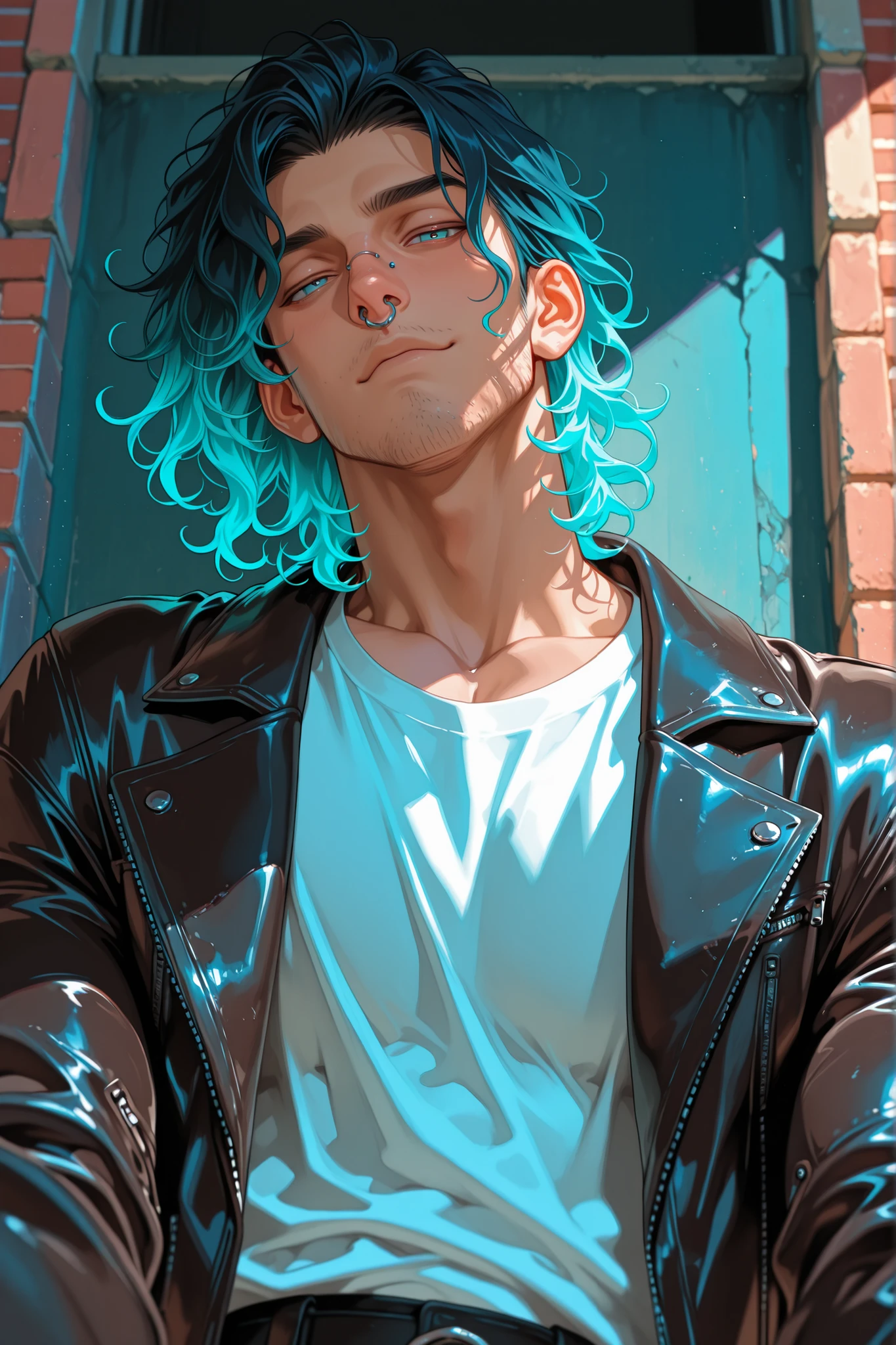 1man, broad shoulder, narrow waist, stubble facial hair, nose piercing, muscular, short wavy hair with sides shaved, short black to pastel blue gradient hair, icy blue eyes, white shirt, leather jacket, leaning against brick wall, seductive expression, pov from below