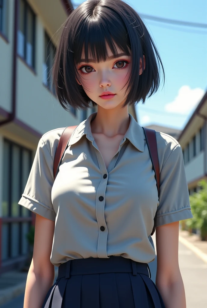 (Highly detailed CG Unity 8k wallpaper)、(masterpiece)、(Highest quality)、(Super detailed)、(Best illustrations)、(Best Shadow)、Ultra-high resolution、(Real、Photorealistic:1.2)、(Beautiful student teacher:1.4)、Dark brown short hair、(Large Breasts:1.2)、(No.3Unbutton:1.2)、(School classroom:1.4)、(Nogizaka style dress:1.4)、(Lady-like:1.2)、(Cute Necklace:1.2)、Puffy eyes、(Stand at the podium with the blackboard behind you:1.2)、(Close-up)、High contrast light、Upper Body