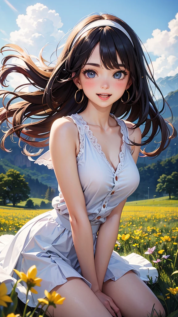 Very cute and beautiful girl,(very detailed beautiful face and eyes:1.2),(Smile),Happy,Looking at Viewer, White camisole,(Cowboy Shot),Sitting,Spread legs,White panties,(Blue pleated mini skirt), countryside,grassy fields,On the hill,Small multicolored flowers,wooden fence,Dynamic Angle,Black hair,twin braids, (Best Quality,masutepiece:1.2),Intricate details,Ultra-detailed,extremely details CG,hight resolution,1 girl, Natural lighting,Beautiful detailed sky,