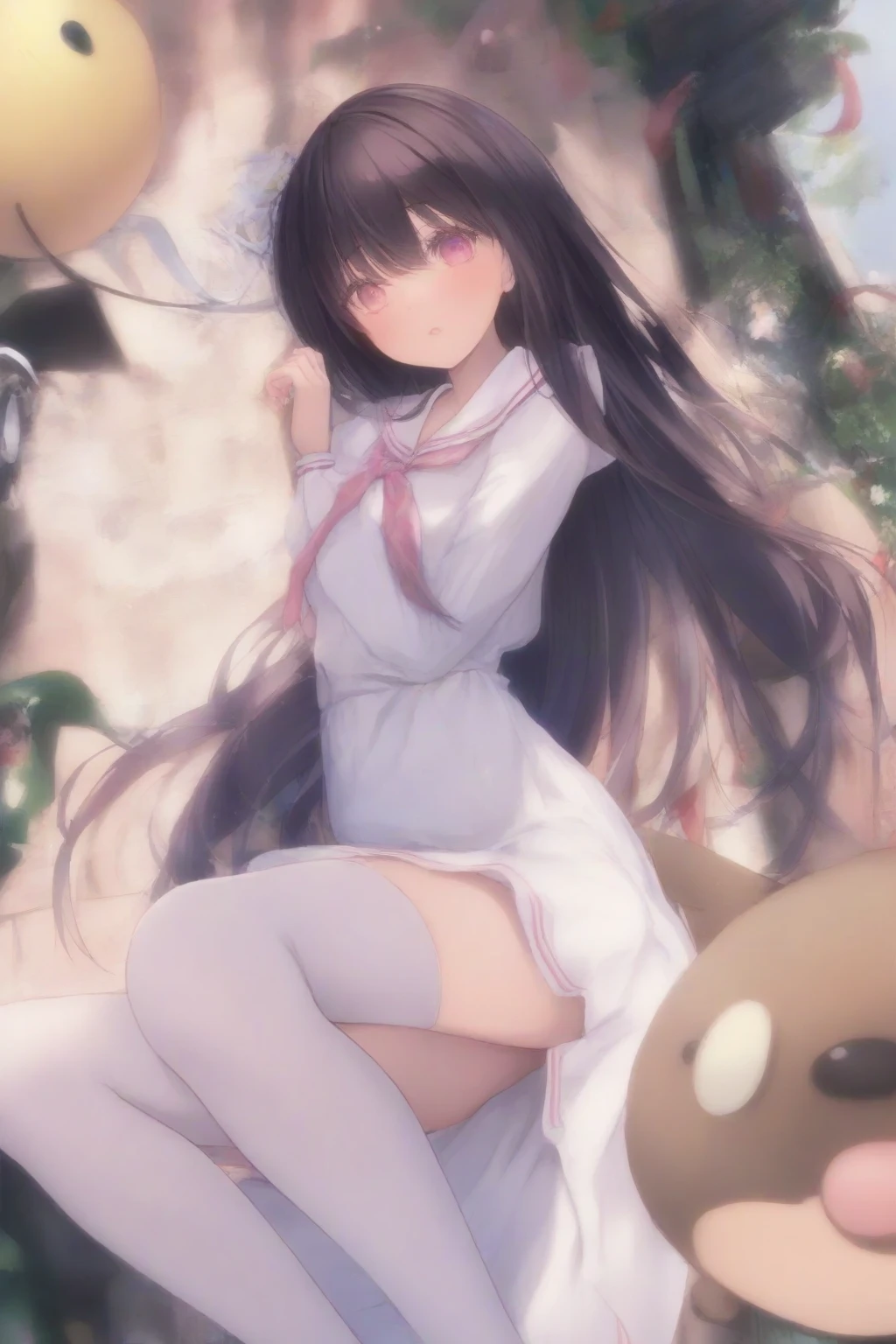 14 or girl with long straight black hair with a pastel pink bow in her hair, white dress that reaches to her knees and knee-high stockings, barefoot with a teddy bear in her hands, anime
