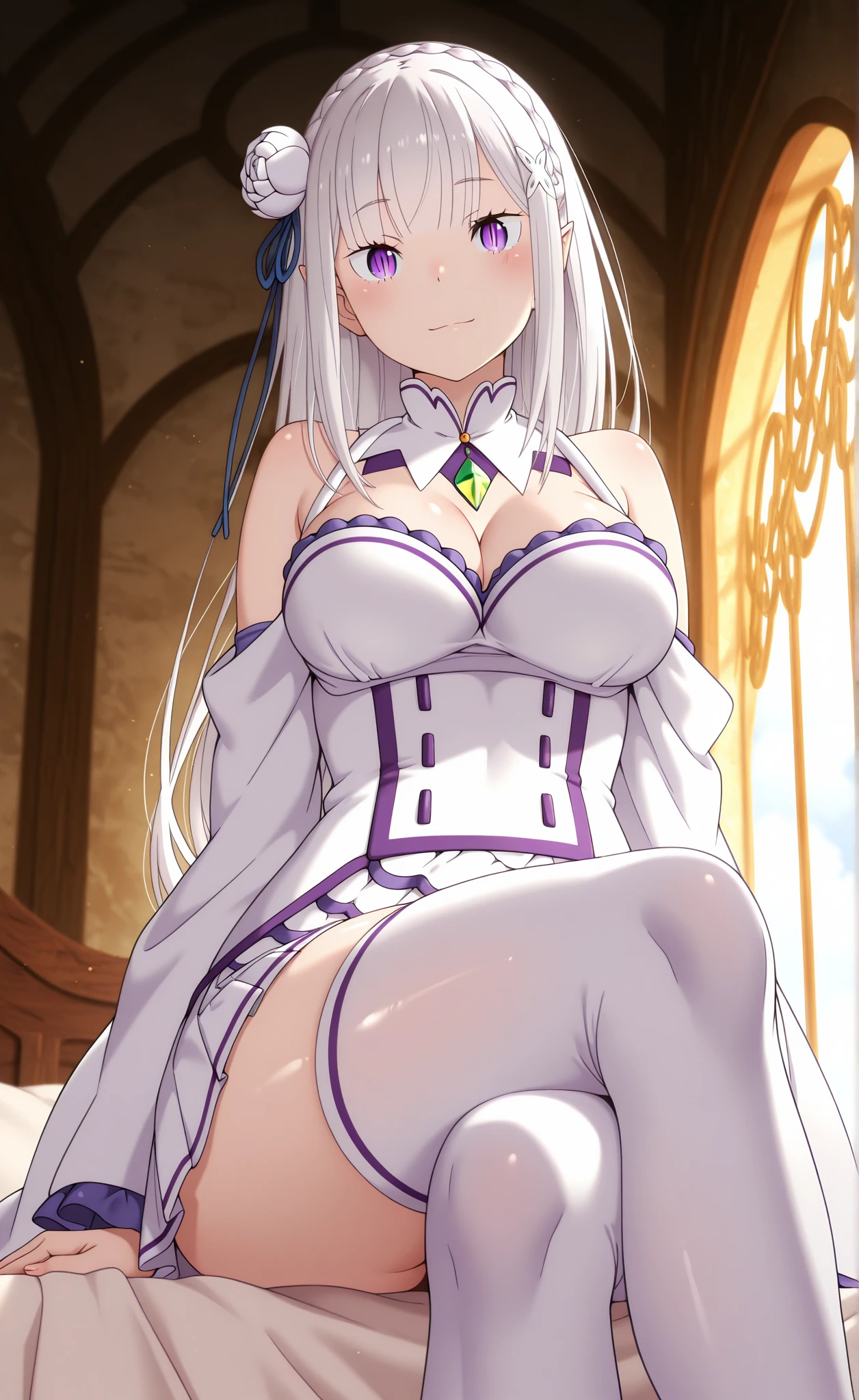 masterpiece, best quality, ultra-detailed, illustration, warm lighting, bright colors, 1girl, solo, blue eyes, silver hair, very long hair, tassel, orochi,
apron, black_bow, black_bowtie, white_dress, blinds, book, bow, bowtie, cleavage, cleavage_cutout, closed_mouth, clothing_cutout, cup, dress, frilled_dress, frills, full_body, garter_straps, hair_twirling, hand_on_own_thigh, hand_up, indoors, lamp, legs, legs_up, long_hair, looking_at_viewer, maid, maid_apron, no_shoes, panties, puffy_short_sleeves, puffy_sleeves, short_sleeves, sitting, solo, stirrup_legwear, thighhighs, thighs, underwear, white_apron, white_garter_straps, white_panties, white_thighhighs, feet out of frame,
<lora:orochi:0.75>
<lora:atdanStyleLora_lk:0.25>
