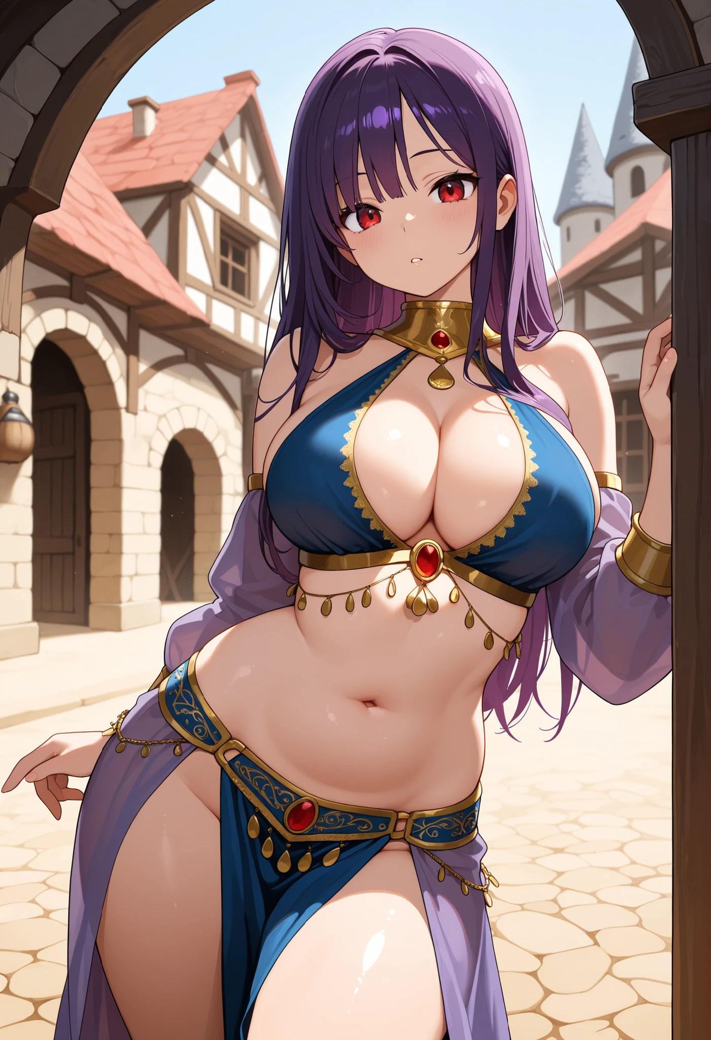 high quality, ultra detailed, best quality, insanely detailed, beautiful, masterpiece, 1girl, medieval plaza, cowboy shot, red eyes, long hair, purple hair, belly dancer, circlet, earrings, armlets, bracelets, bashful smile, large breasts, cleavage, soft stomach