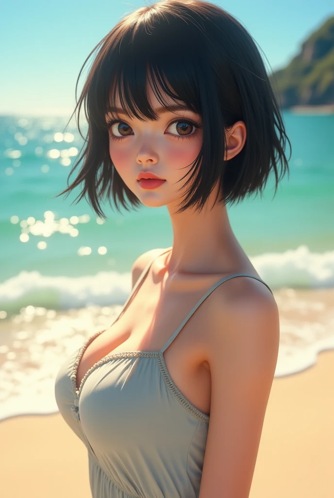 ((Highest quality)), ((masterpiece)), (detailed), One person, sexy、A masterpiece of idol cuteness! Active housewife, 4Short hair only for 0 year olds, The camera zooms in on her plump cheeks and large breasts.,Chubby、Standing on the beach、Plump Breasts、Beautiful double eyelids、Short Hair、Black Hair、Naturally attractive even without makeup, This will be a well-crafted and professional piece.