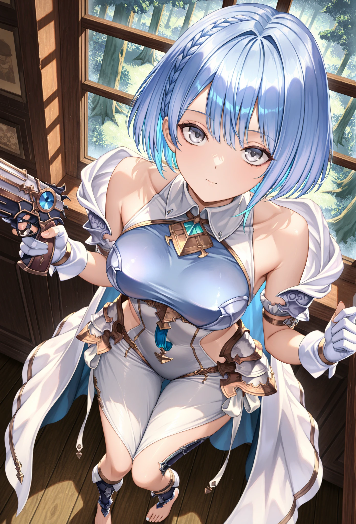 <lora:makaidji:0.75> halo, blue hair, green eyes, cowboy shot,  <lora:LeMalinBunnysuitV1:0.8> lemalinbunnysuit, ultra detailed, masterpiece, best quality, aesthetic, detailed,