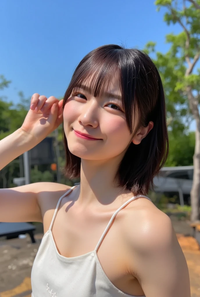 (masterpiece:1.4), (8K, Photorealistic, Raw photo, Best image quality: 1.4), Japanese female university student、(Random hairstyle:1.2)、Cleavage:1.2、Super detailed face、Eye for details、double eyelid、Chest to chest、Beautiful woman:1.4、Light brown hair、highest quality、masterpiece、超A high resolution、(Photorealistic:1.4)、非常に詳細でプロフェッショナルな照明のsmile、thin、smile、Short-haired、Fatal position large breasts:1.3、Superb body、sexy、Full of sex appeal、Korean Idol