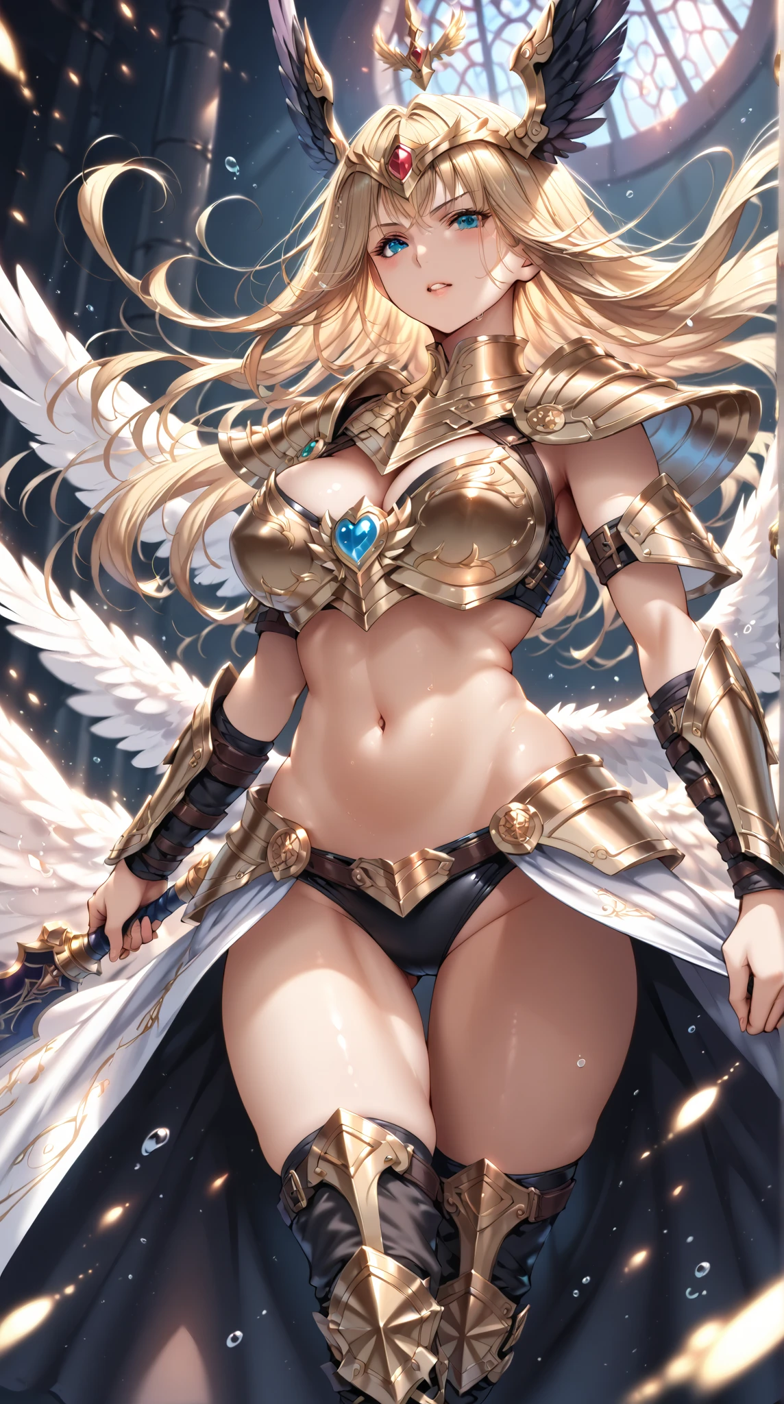 4k,High resolution,one woman,blonde,long hair,Braid,blue eyes,big breasts,Valkyrie,White sacred leotard armor,High leg,Winged headgear,jewelry decoration,Holy Sword,temple in the sky
