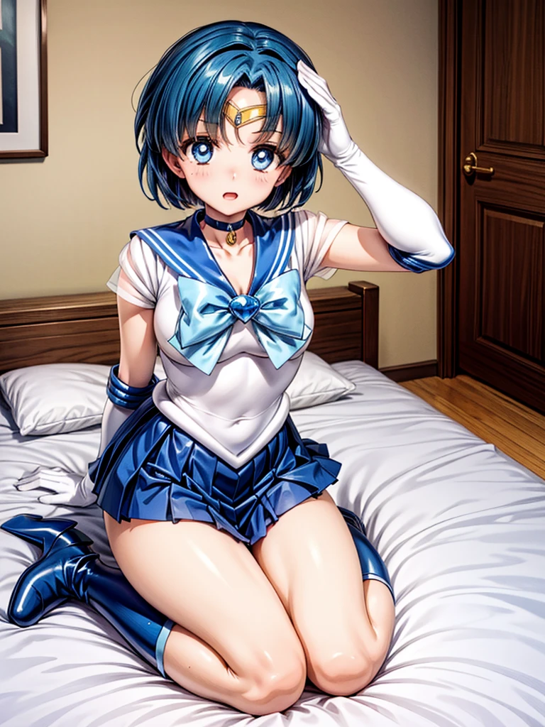 masterpiece, Highest quality, High resolution, Realistic, Show more1, tiara, Sailor Warrior Uniforms, Blue Skirt, Blue sailor collar, tiara, bow, Knee Boots, choker, White gloves, ((blue choker)), elbow gloves, jewelry, Earrings, Pleated skirt, Deep blue hair, lying on bed, Angle from below, ((Spreading pussy:1.3)), (Showing nipples:1.3), spread legs
