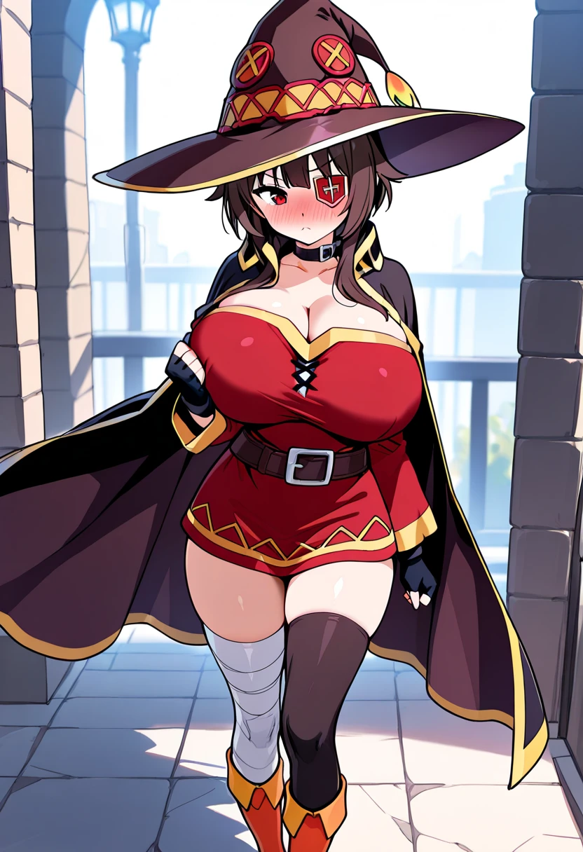 Enma, a character from Tate no Yuusha, In her adult human form she is a tall woman who has long black hair., loose and slightly wavy, that cascades down her back with a sleek and voluminous look. Big, blue eyes with a seductive appearance but maintaining their characteristic shine. clear and smooth skin. Figure with pronounced curves, big bust, narrow waist and wide hips. She is wearing a red slingshot swimsuit with ruffles and sophisticated yellow bows that highlight her extremely voluptuous figure with much larger than normal breasts and swollen nipples.. She wears a red witch hat. but adapted to their more adult appearance. Happy and confident expression, reflecting his energetic and playful personality with a touch of maturity. Sweet and innocent expression, reflecting his curious personality. His expression is haughty and self-confident., with a seductive and playful smile. She has a voluptuous and well-proportioned figure., con un big bust y curvas acentuadas. He is standing on the beach with the sea in the background and a confident expression on his face, showing his characteristic seductive and elegant gesture. (masterpiece quality, High resolution, detailed background:1.22), (giant breasts:2.15), looking at the viewer, malicious smile. She also wears gold thigh-high stockings and red high-heeled shoes.. Her expression is confident and seductive..