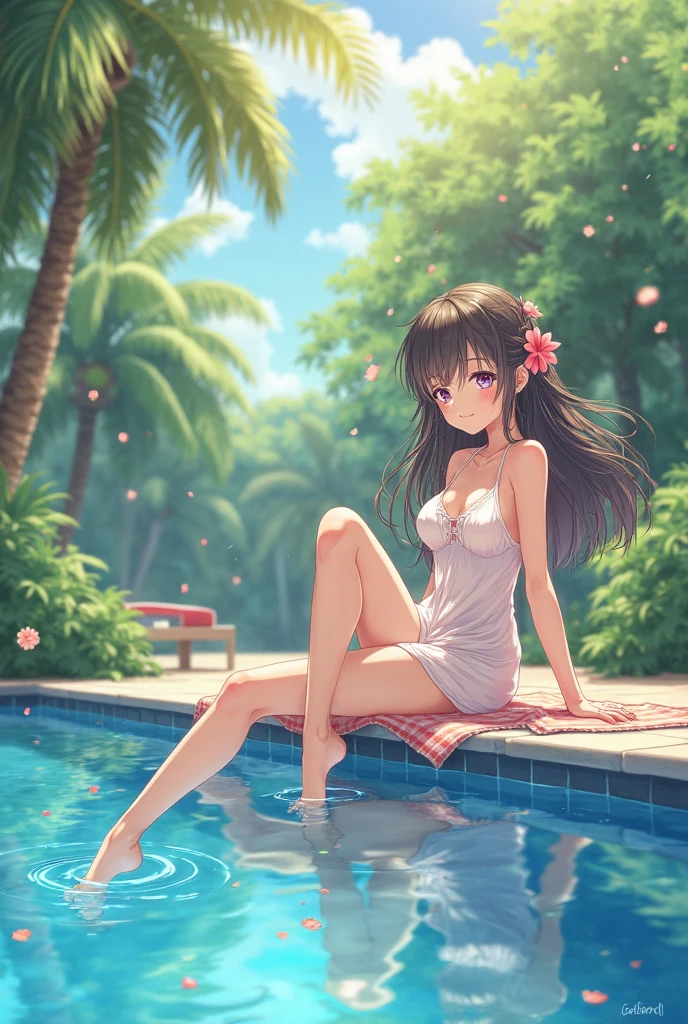 top-quality、Full limbs、complete fingers、Beautiful 25 year old woman、Slender beauty、poneyTail、Medium hair、Brown hair、Raw feet、bikini in pink color、Beautiful Large Breasts、flower garden、lawn、Rose Garden、The fountain