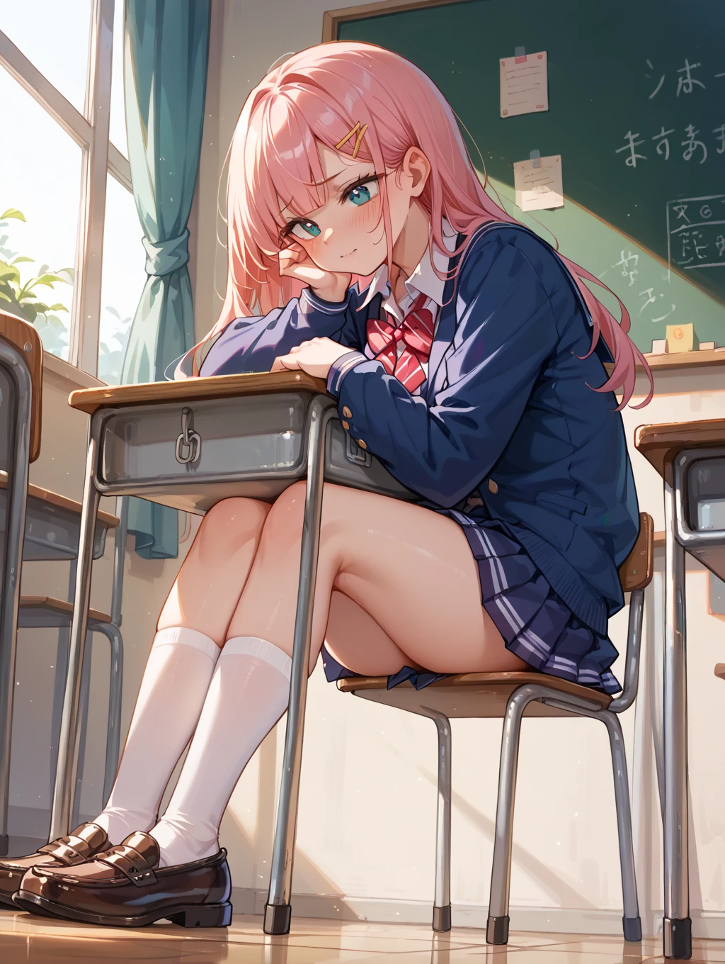 Thicc ass, sitting on chair desk, looking at us, pink g-string, detailed thicc g-string, (long socks), twin tails, black and red schoolgirl uniform, classroom, looking at us, soft smile, skirt, random hair color, smug face, sitting,