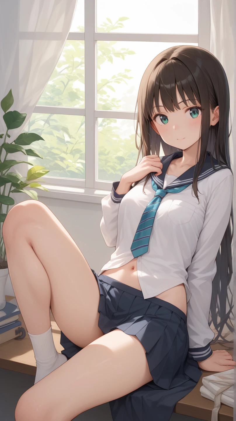 (masterpiece), (Highest quality), (Super detailed), ((Very delicate and beautiful)), One girl, 独奏, Satsuki, Cowboy Shot, Black Sailor Suit, White neckerchief, Crescent Pin, (very long hair), ponytail, smile, Flat Chest, belt, Black Skirt, chestnut mouth, Sitting, on bed, spoken question mark,  indoors, Detailed iris, young, (panties), (Sports Bra), (In underwear), (Flashy underwear), (lingerie),  (Skirt Lift) ,((nsfw))