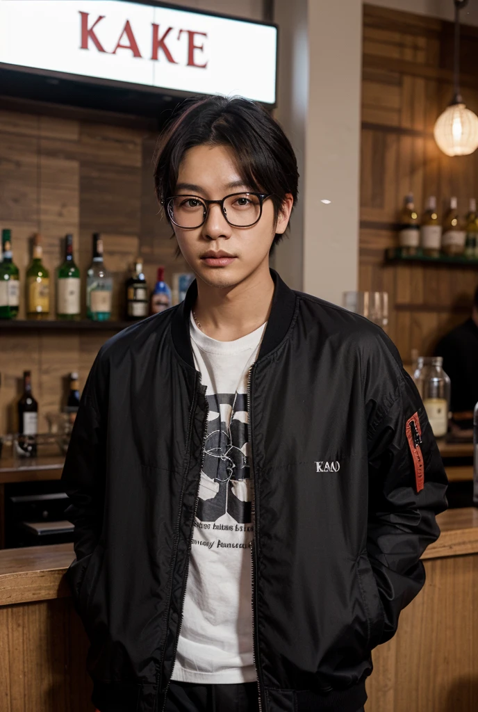 A teenager standing with a lightning scar on his head wearing round glasses, Messy black hair, a brown jacket, white shirt with black pants and classic black shoes