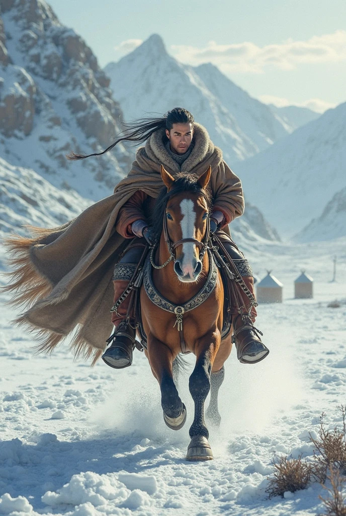 a realistic boy in native Tibetan clothing, short curly hair, very handsome full body wusia, male warrior, hansome japnaese demon boy, akira from chinese mythology, powerful body, shirtless warrior,holding a bow, walking with a horse through a snowy storm, highly detailed, 8k, photorealistic, detailed face, beautiful eyes, long eyelashes, detailed lips, detailed clothing, snowy landscape, blowing snow, cold atmosphere, warm lighting, dramatic sky