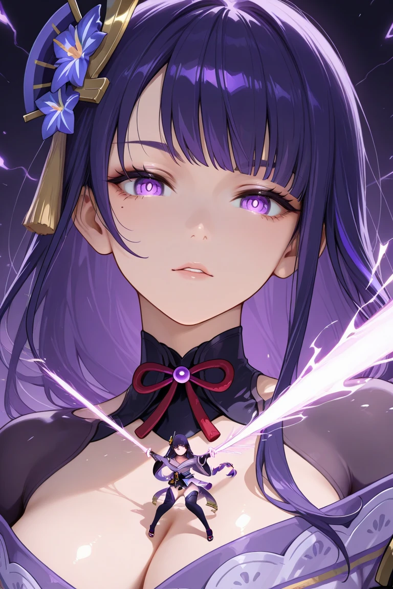 masterpiece, best quality,((ultra detailed)),(1girl),solo,beautiful illustration,beautiful detailed eyes, (wallpaper),intrinsic lighting,raidenshogundef,standing before an ominous black hole,ready for battle, gigantic stone torii, evil,hell,mitsudomoe, tilted head,red nebula,the void, black sphere in the void radiating evil, collarbone,floating hair, cute face, kawaii <lora:raidenshogun1-000009:0.8>