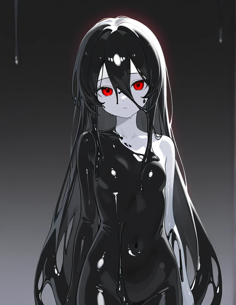 (masterpiece, sidelighting, finely detailed beautiful eyes: 1.2), ((best quality)), ((masterpiece)), (highly detailed:1.3), anime, 1girl, solo, dripping slime, upper body covered in red goo, lower body covered in white goo, nayghty smile, young girl, loli slime girl, messy, black slime girl, small chest, head covered in black goo, extremely long hair, red eyes, hair between eyes, merged with goo, melting body, dripping with slime, black body color, liquid body, black skin color, liquid hair, slime covered hair, red hair, masterpiece, clean image, high res, HD, high quality