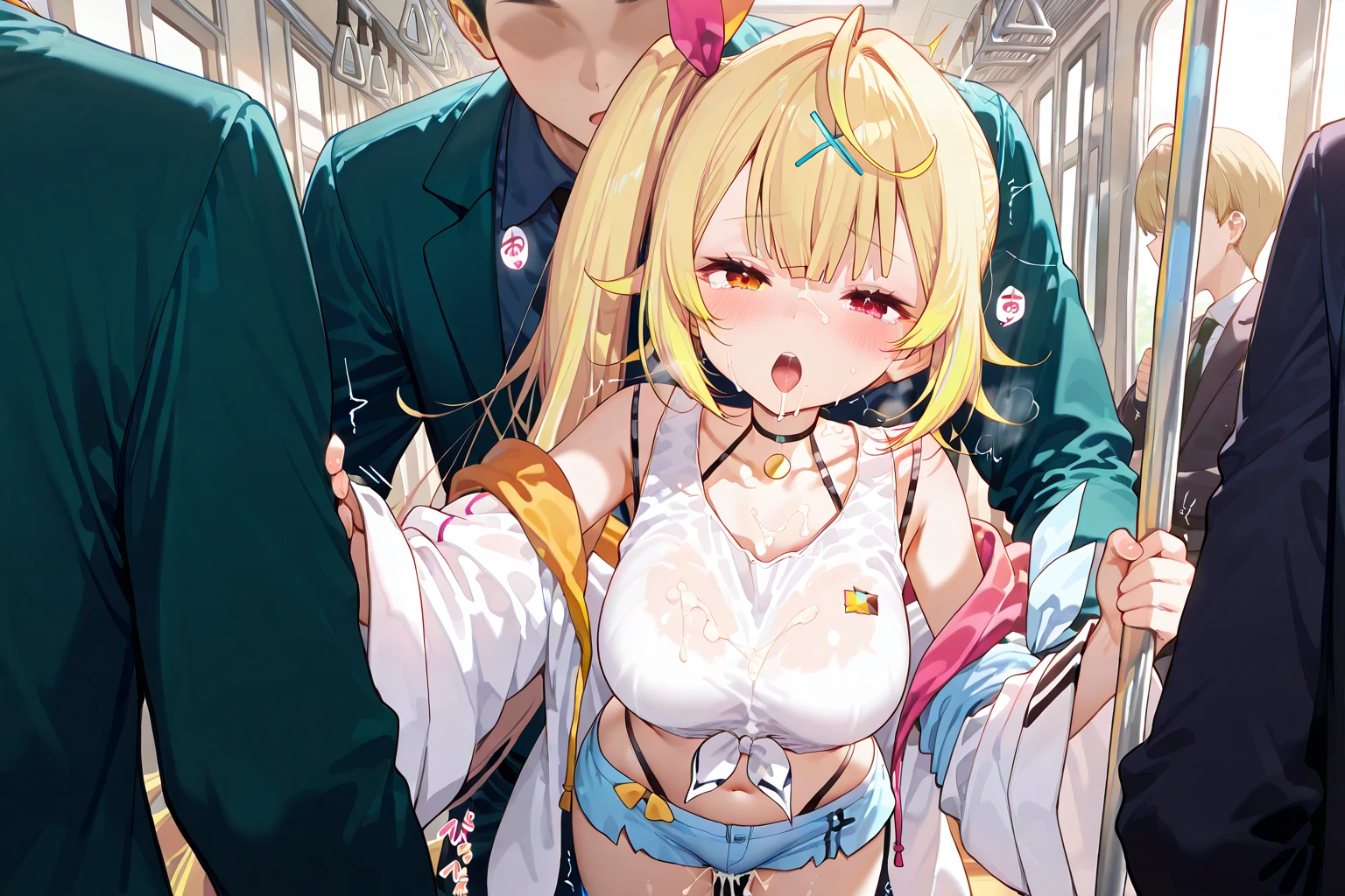 (Masterpiece, Top quality: 1.5), nsfw, (1boy and 1girl :1.3), (Mythra :1.3),(breast grab from behind:1.3), a boy is with black hair, (Sailor suit, Pleated Skirt :1.4), (large breasts:1.3), standard weight, Blonde Hair, 16 year old, (pubic hair:1.3), angry, (flustered:1.3), sexual climax:1.2, open mouth, outdoor