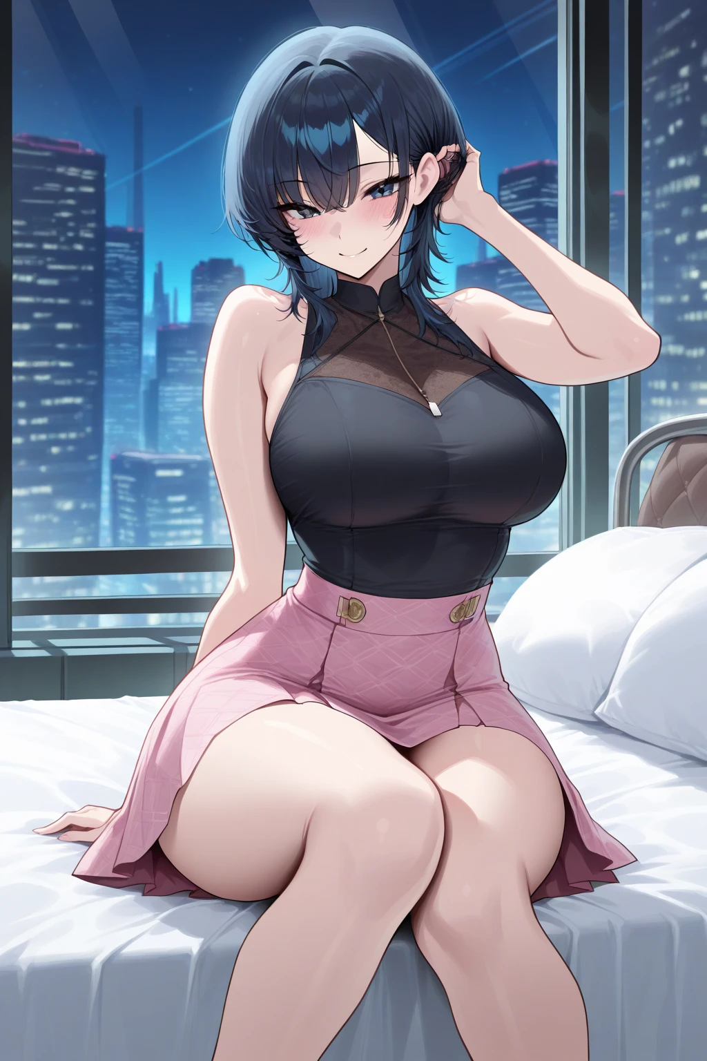 (((masterpiece)), (best quality:1.7), (detailed:1.4), (high res:1.4), 8k, (colorful:1.5), high resolution, sharped image, 4k, hd, (beautiful detailed background:1.2), (beautiful lighting:1.2), (highly detailed:1.2), perfect lighting, (8k wallpaper:1.2), (highly detailed:1.2), (extremely detailed CG:1.2), vermeil_ingold, 1girl, solo, red eyes, blue hair, purple hair, hair between eyes, short hair, demon girl, demon tail, horns, thin tail, big breasts, pointy ears, (curvy body), dress, short dress, black dress, sleeveless, sleeveless dress, bare shoulders, turtleneck dress, hair ornament, open mouth, ((evil smile)), (smug),  looking at viewer, sexy, indoors, bed, window, ((night)), moon, sky, night sky, stars, ((town)), good anatomy, professional photography, soft light, sharp focus, detailed face+brown eyes, smile, closed lips, lipstick, huge_breasts, detailed face, detailed eyes, full frame, ethereal lighting, intricate details, large breasts, huge breasts, big breasts, big ass, pussy wet, cum on body, naked, legs spread, in bedroom, on bed, hard nipples, perfect breasts, perfect nipples, head in frame, laying on bed, huge ass
