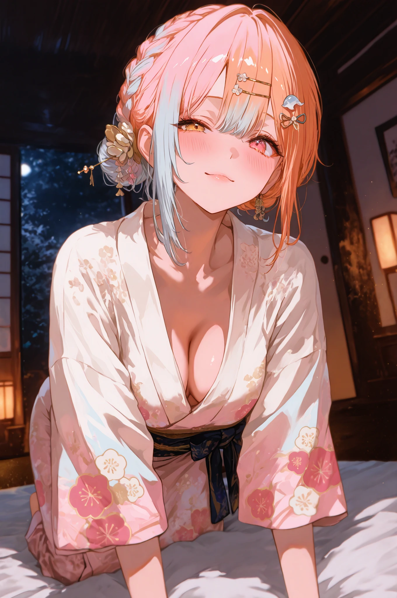 Character Details:, - Gender: 1 Girl. - Style: Anime, - Body Type: Attractive body, slim body, nice legs, slim tights, nice arms, nice shoulders. - Breast: (Small Breast:1.2), (Cleavage:1.2), (Nipple:1.2), (Slip Nipple:1.1), (Milk), (White Milk), (White Goo:1.1), (White Sticky Goo Over Body:1.1), (White Goo over Face:1.1), (Sticky Liquid on Breast:1.4), (Wet Thighs:1.2). - Facial Feature: Beautiful, Gorgeous, Teenager, Fresh, Young. - Expression: Shy, Pink Blush on Face, open mouth, Pink Tongue, Sexy Eyes, Sexy Look, (Sweating:1.4), Innocent Look, Tipsy. - Hairstyle: Blunt Bangs, Long Hair. - Hair Color: (White Hair:1.5), (Cute Short Hair:1.3), - Clothing: (Sexy Kimono:1.6), (Off-Shoulder:1.3),. - Body Pose: (Wide Kneel:1.3), (bend over:1.4). - Behaviour: Waiting, Want Something, Secretly. - Accessories: Earrings, No Hair Accessories, Environmental Details:, - Setting: Bed Room., - Lighting: Natural Light., - Decoration: Modern Bed, Chair, Window, White Curtain, City View. Top view. pov, anime style, UHD, retina, masterpiece, accurate, anatomically correct, textured skin.