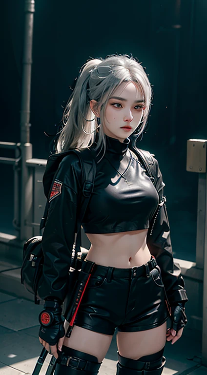 tmasterpiece,Best quality,A high resolution,8K,(Portrait),Head close-up,Original photo,digital photography,(Female scientists in sci-fi style),20 year old girl, ponytail long hairstyle,By bangs,(Purple Eyes),(white hair),A plump chest, abdominal muscles, proportional body, Elegant and noble,Serious and indifferent, small breast, cleavage, (cyberpunk futuristic suit),rich details​, Keep your mouth shut,exposing your navel,Intricate ornaments,Cyberpunk futuristic style,(Female scholars),dynamic poses,dark street background,oc render reflection texture, realistic, masterpiece, highest quality, lens flare, shade, [[chromatic aberration]], by Jeremy Lipking, by Antonio J. Manzanedo, digital painting, HDR, high contrast