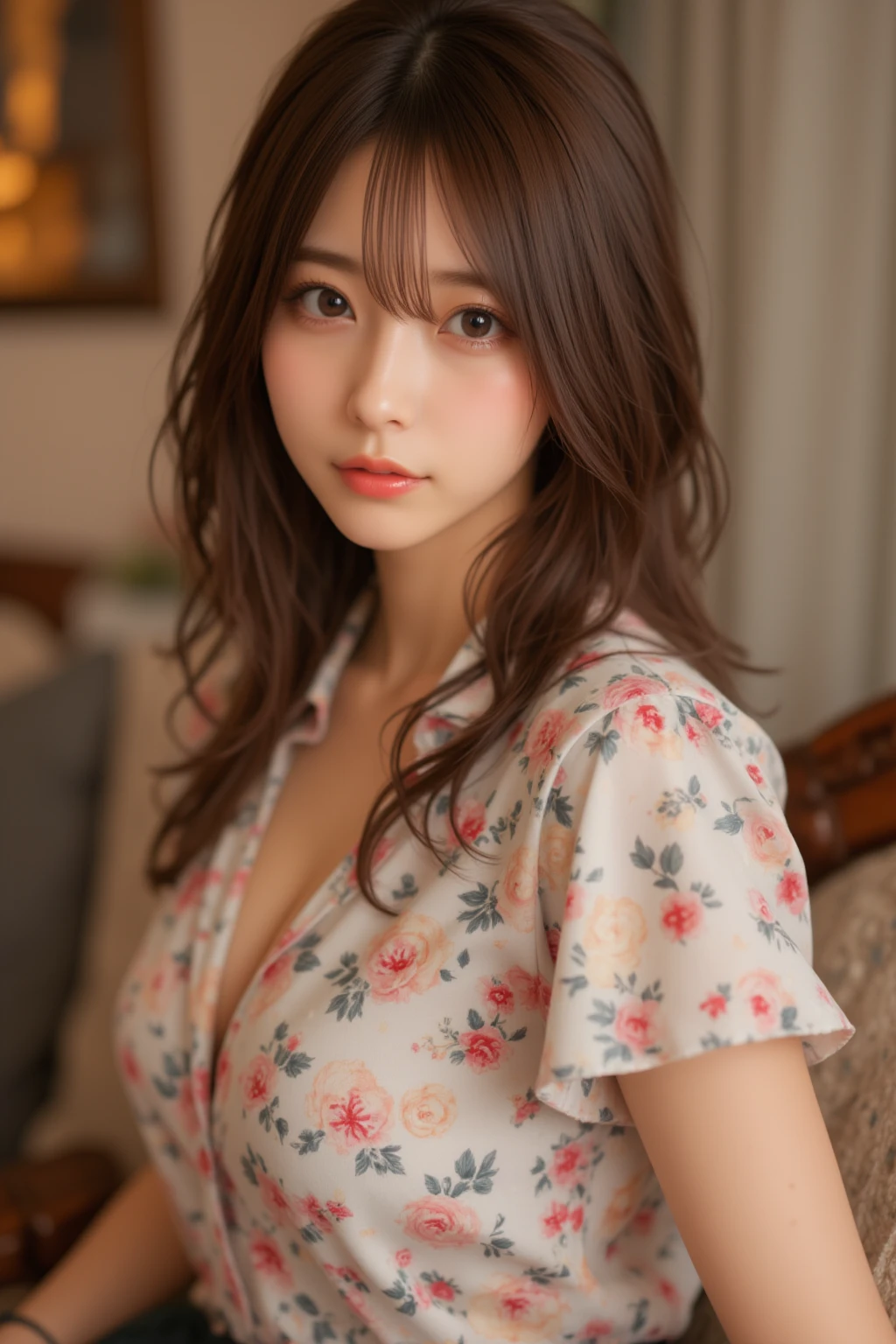 kasumi, eyes browns, (best qualityer, ultra detail), (realisitic:1.37), beautiful and detailed face, ultra-realisitic texture, Exquisite face, Delicate body, red lipgloss stick, shiny colors. High definition, 8k, expression a slight cute smile.