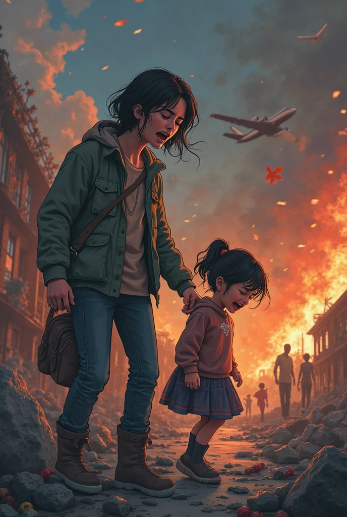 (Vista), 1 girl with hair fluttering holding doll, (sunset), masterpiece, war, disaster, explosion, burning city, tanks in confrontation, high quality, multicolored glow, ultra-realistic textures, Unreal Engine