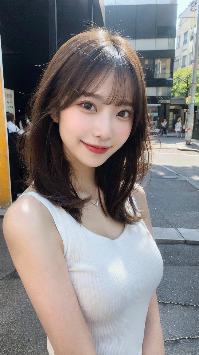 ((top-quality、8K、masterpiece:1.3))、1girl in、(Hairstyle Casual、small tits:1.2)、(Casual wear)、Super fine face、Delicat eyes、二重まぶた、A smile、In the street、the pose