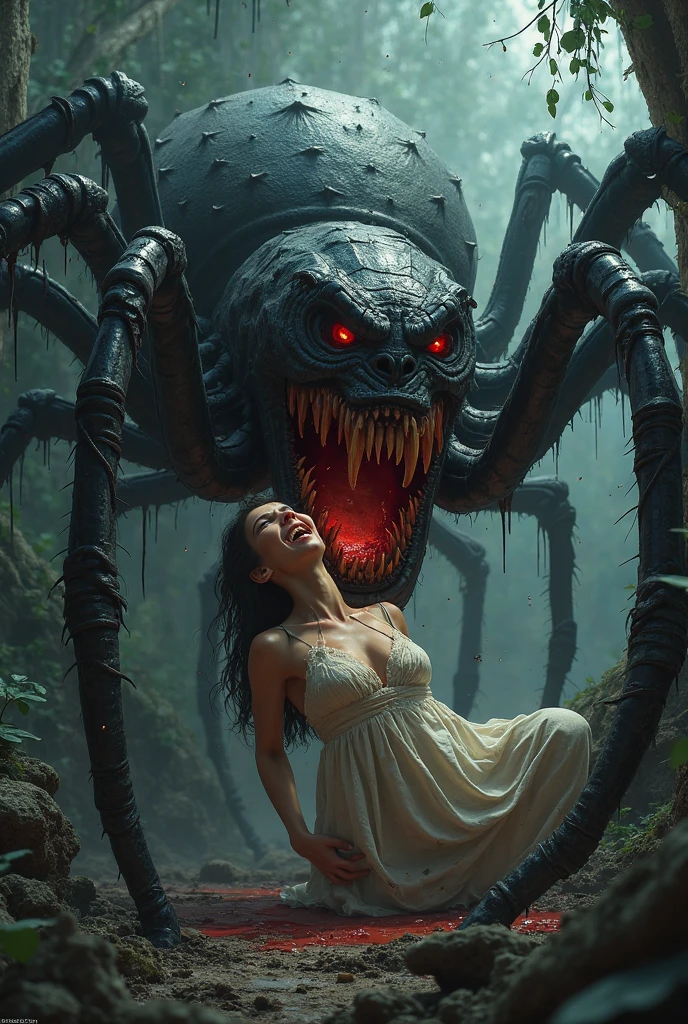 a spider girl looms over a man caught in her web.the girl is an arachne, drider, or arachnid taur. she has a human head, arms and body attached to the front of the body and legs of a giant black spider. her human section  has long white hair, pale white skin, and small red circular facial masks in a regular pattern. the white of her skin is unnaturally pale, as if wearing white body paint all over. her fangs are visible as she grins cruelly at her prey. she is topless, showing well formed, moderate sized breasts and fair abs,

the man is trapped in her web, hanging upside down in a cocoon of spider silk. think bands of spider silk bind his legs together. his arms are trapped behind his back, and another band of spider silk wraps over his mouth, gagging him. his eyes open wide in terror.