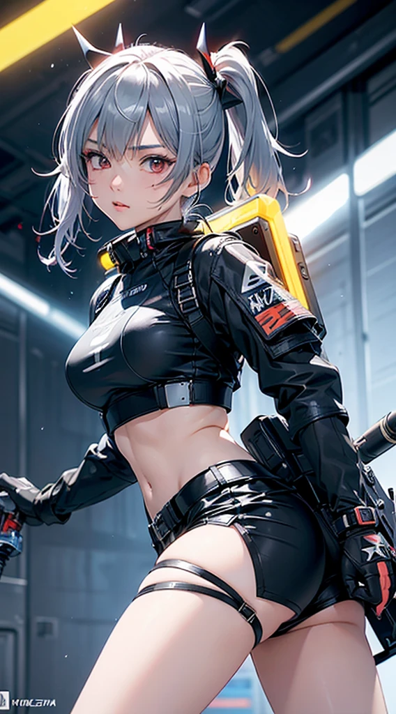 whole body, (mechanic's jumpsuit), absurdres, RAW photo, extremely delicate and beautiful, masterpiece, Best Quality, ultra high resolution, 32k, hyperrealistic, ultra-detailed, detailed description, pale skin, 20 years old, detailed beautiful face and eyes, tearful mole, earring, Colossal tits, short medium hair, wavy hair, shorts, long sleeve,