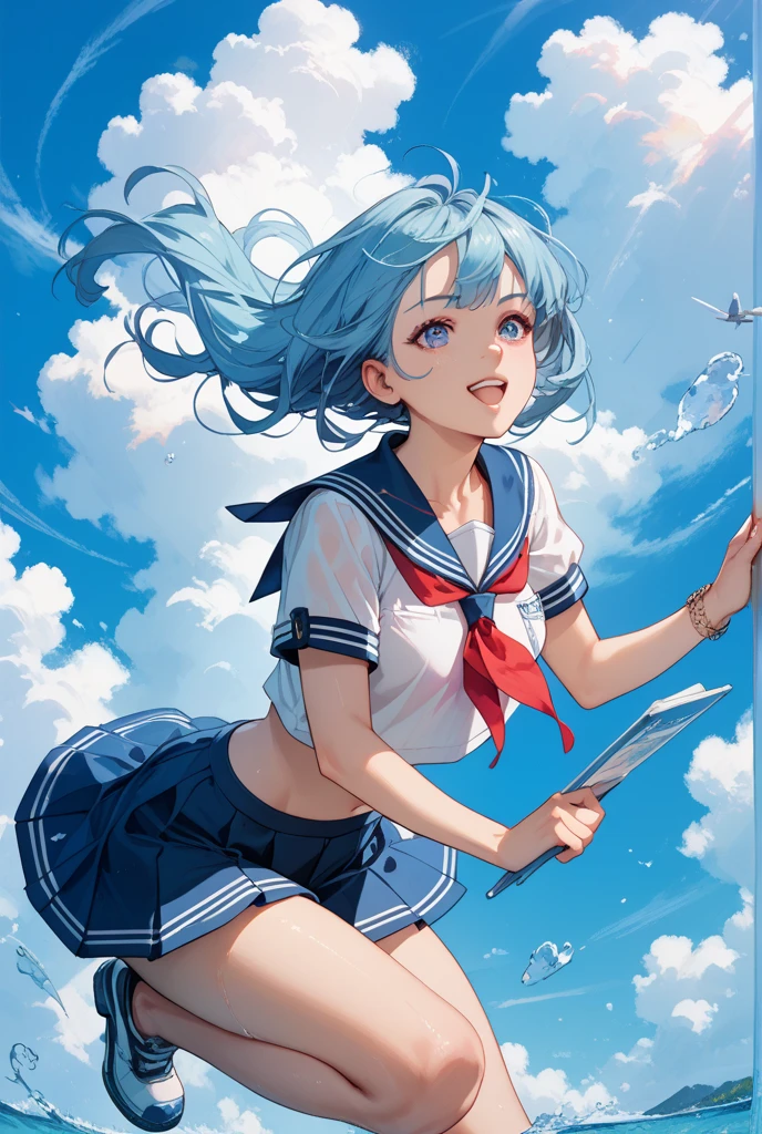 (1 Girl),(high quality), (High resolution), (Very detailed), (8K),(Demolition paperback correct)、Urusei Yatsura、Ram-chan、((White and navy blue sailor suit))、Navy blue pleated skirt、Cute Underwear、((Focus on the whole body))、Nipple Shape、((Black pantyhose))、Hair messed up by the strong wind、Neutral White Lighting,Sexy pose、