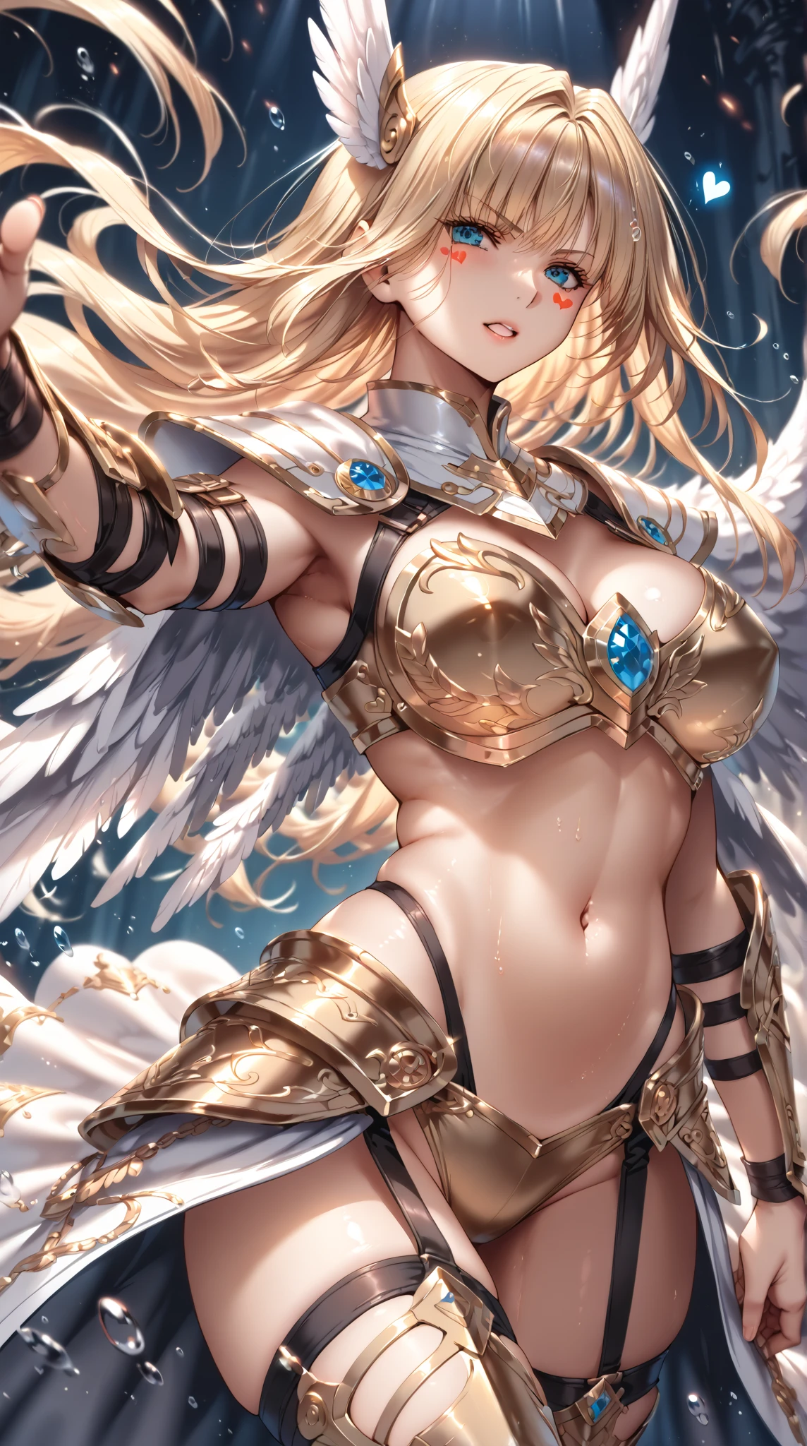 Very beautiful woman angel、Big Wings、 Angel Halo、 Neutral European style gold armor、 Realistic、Face reality、and、Sexy smile、Small breasts、Sexy pose、