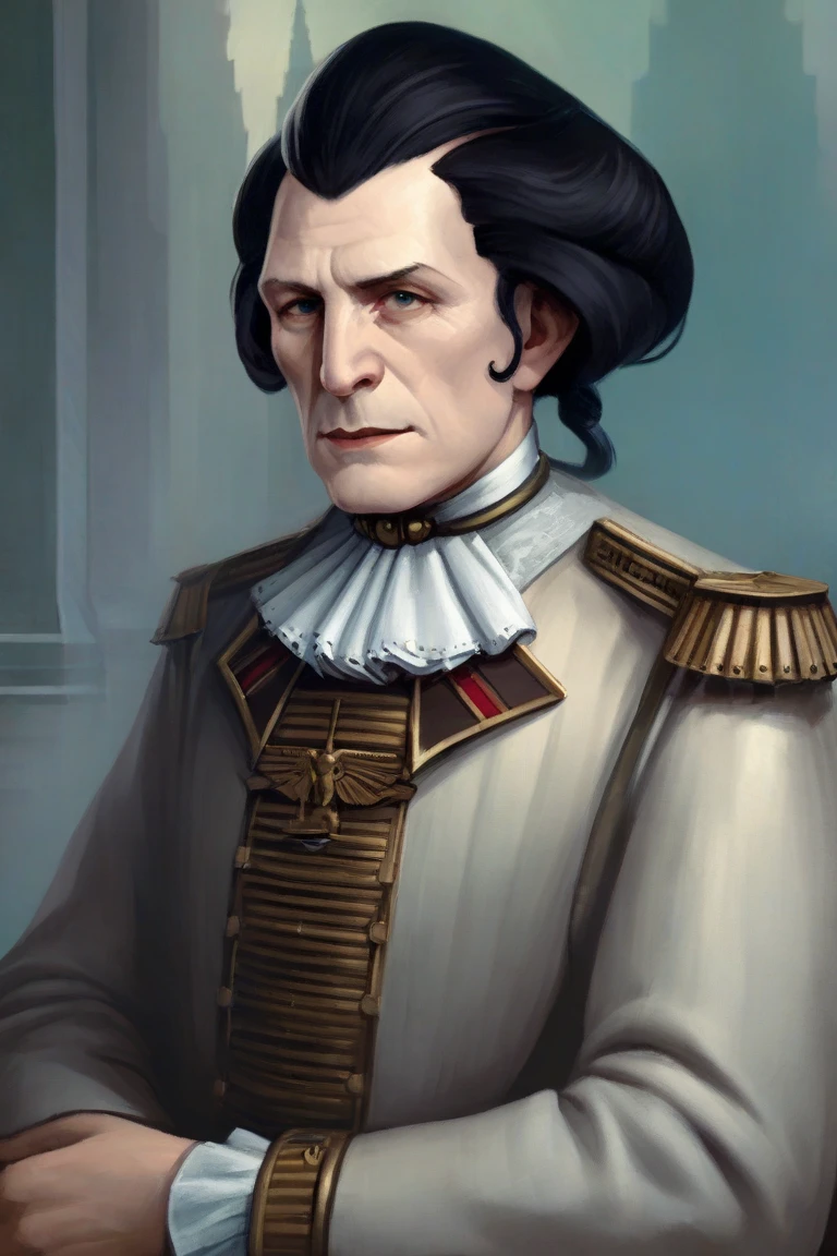 masterpiece, best quality, high quality, realistic, detailed lips, detailed face, detailed eyes, 1boy, frills, decadent noble, (warhammer 40k:1.2), gold trim, medieval finery, skinny, belt, gothic architecture, great hall, indoors, smug, (old man:1.2), pale skin, pallid, cable, scar on face, gaunt, liver spots, sickly, ruffled collar, ruff, (science fiction:1.1), grimdark, coat, epaulette, victorian, frank herbert's dune, baroque