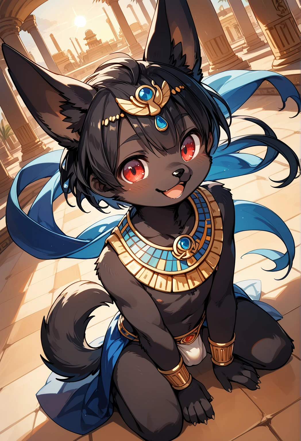 I'm wrong, anubis boy, dog boy, in the dungeon, black fur, short statue, innocent, Naivety, looking at the viewer, Egypt adorns, dynamic angle, from a bird's eye view, short stature, young, open mouth, , A cute and friendly monster boy Anubis, affected, relaxed, convenient, tamed, tits, ASS, vagina, again