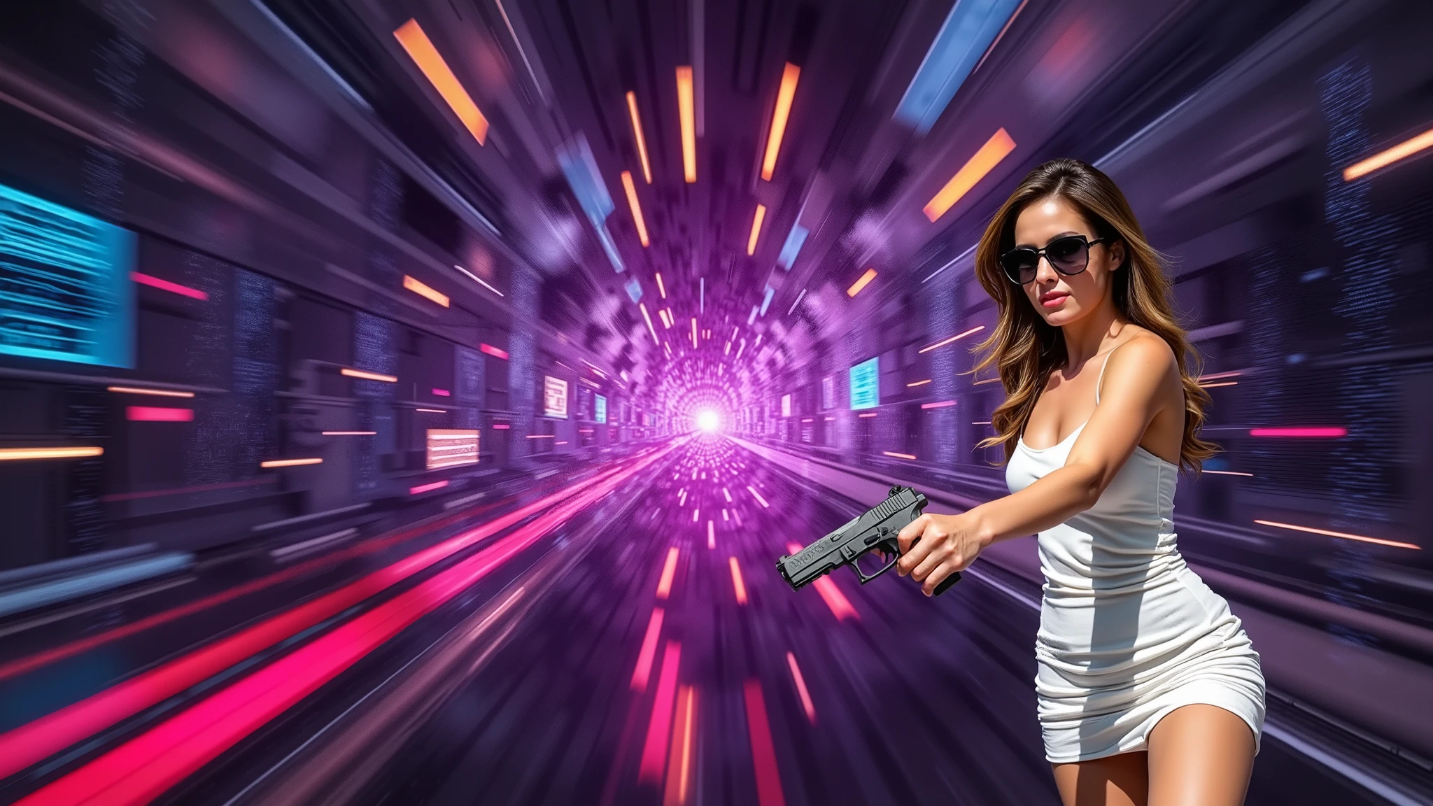 Aerial view, giant chess pieces statue, sci-fi outdoor maze background. Matrix style, at night, dark sky. (1girl, solo), photo realistic, large-breast:1.2 slim:0.9 body, cleavage:1.2, tube top, miniskirt, (matrix style black sunglasses), (holding a mini:1.1 stun gun), half-body thigh level medium shot, cinematic lighting, ray tracing.