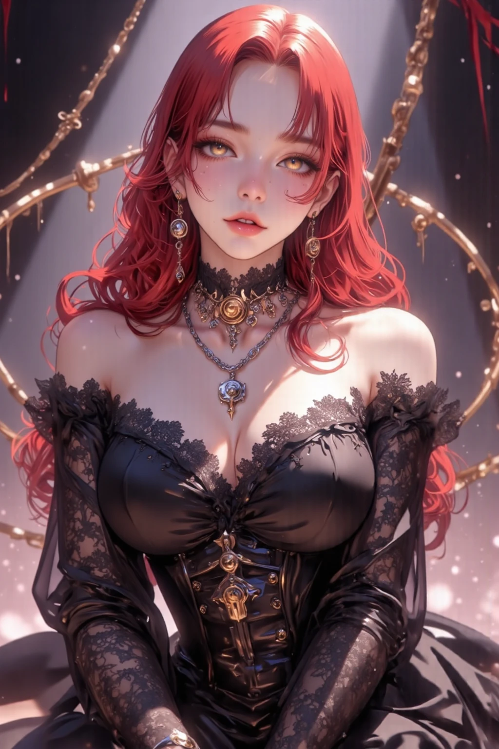 a beautiful woman in the style of anime realism, wavy hair and perfect slim fit body, masterpiece digital art with gothic animecore influence, berry, vibrant, living room, highly detailed gothic style background, eye-catching composition, artgerm, milo manara, sharp focus, portrait