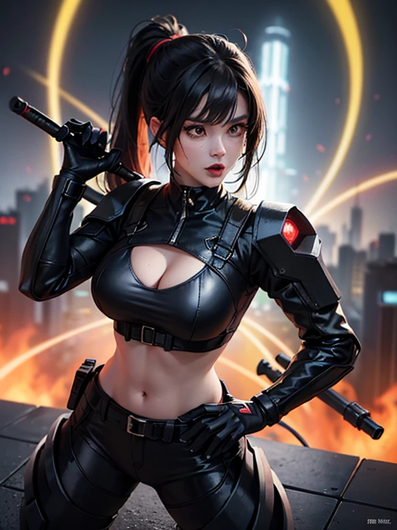 (Wide angle view). City Hunter style city, simple outlined neon tall buildings, glowing giant clock tower, helicopter, lightning, 3D rendering Beeple. At night, (1 girl as Kaori in City Hunter, solo, alone), photorealistic, medium-breast slim:0.6 body, oval:0.5 face, cleavage:1.1, sexy costume with deep-v, low view pleated miniskirt, glove, (Matrix style black micro sunglasses), ((aiming viewer with a short gun)), (running pose), (half-body thigh level close-up shot), cinematic lighting, ray tracing.