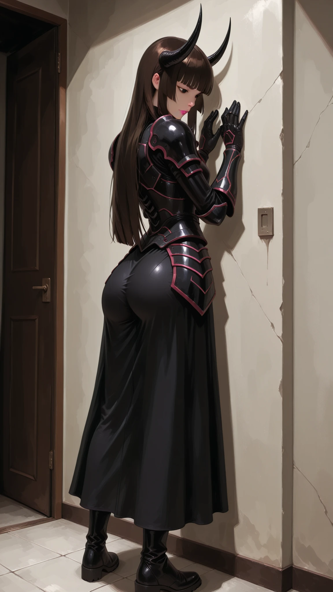 masterpiece, best quality, high resolution, full body, red hair, cyber metal armor, elegant, side shot, looking to side, metal gloves, walking away, looking into background, heels, grey background, backshot, from behind