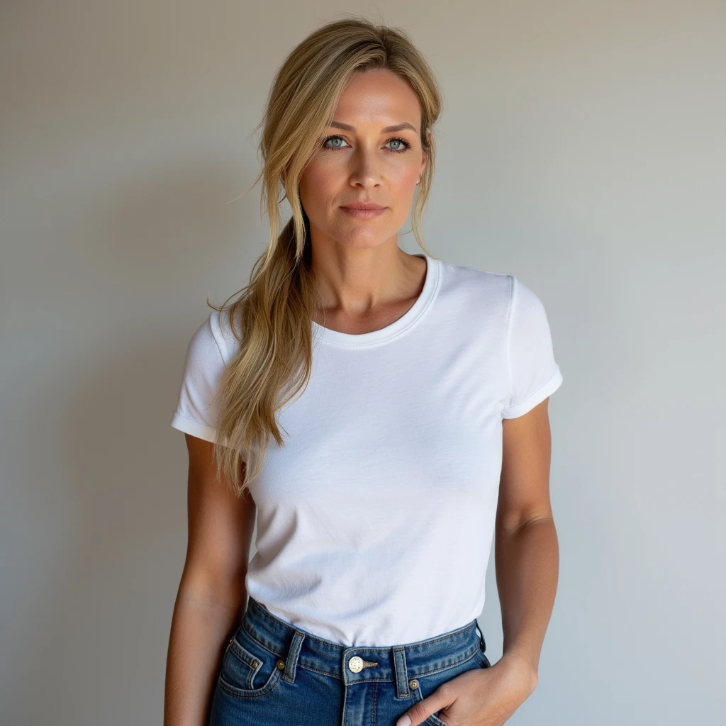 (realism) photo of (Brie Larson), standing in a beautiful garden, wearing blue jeans and a skin tight white tank top, small smile, hands on hips