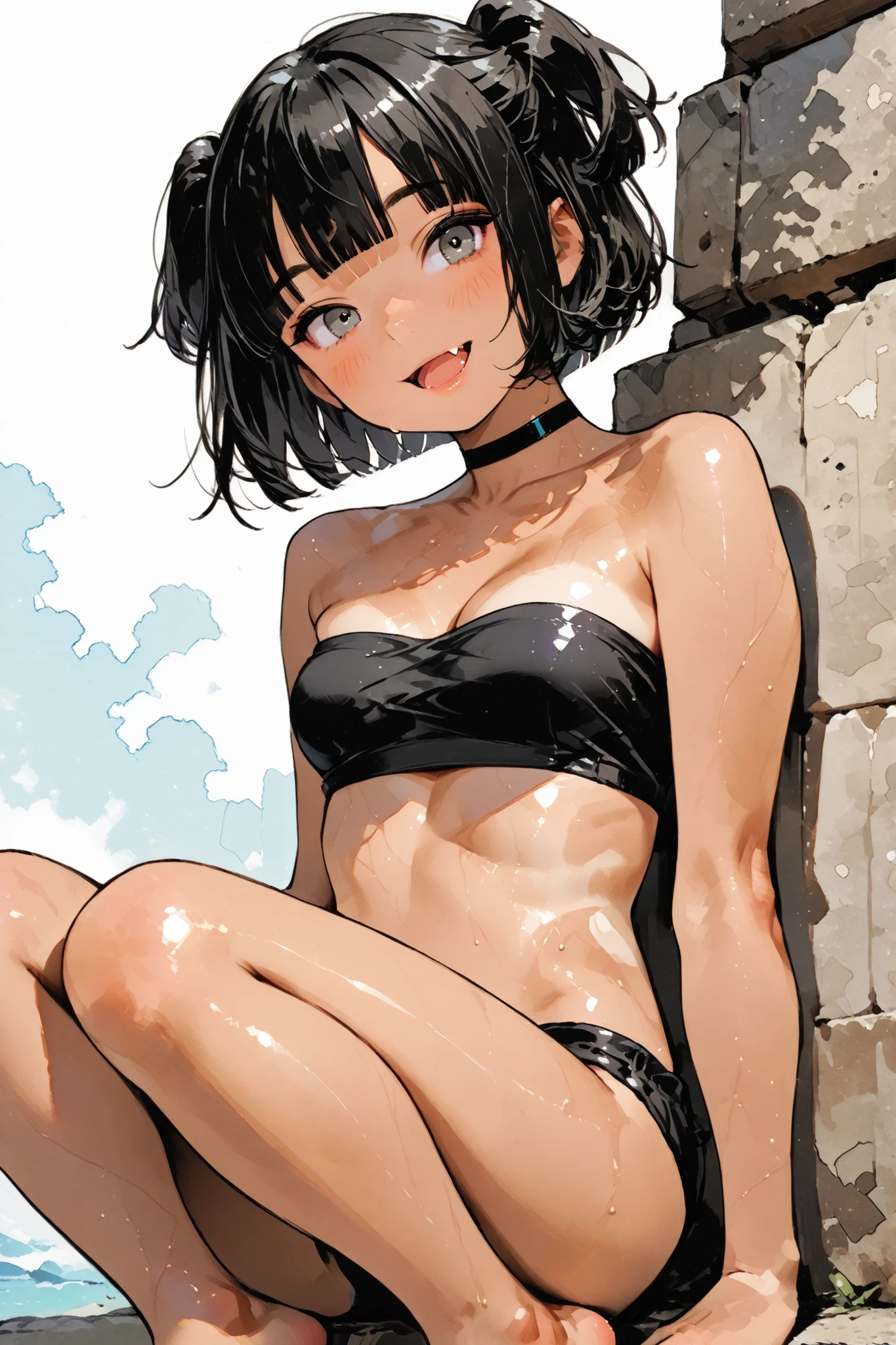 1girl,Super Detailed,absolute resolution,(dynamic angles),(tanned skin:0.3),(tanlines:0.3),portrait,(pinup),Beside viewer,
(leaning on wall,arms at sides,palms on wall),head tilt,
((bandeau bikini)),(barefoot),
detailed and beautiful face and eyes,black hair, blunt bangs,big gray eyes,,bob cut, short hair, two side up, medium breasts, sidelocks, (fang),(messy hair:0.7), (pink eyeshadow:0.5), black choker, (tsurime:0.5),
(Flowing Sweat:0.5),(Smiling warmly:0.7),(blushing:0.7),(shy:0.3),[[open mouth]],Watercolor anime,