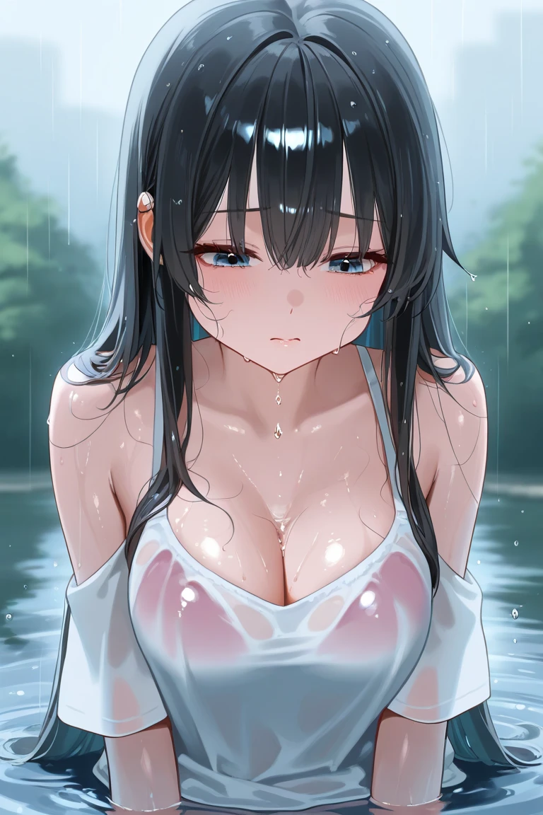 ((Highest quality, 8K, masterpiece:1.3)), ((Layered Haircut), (Wet clothes: 1.1), (rain, street:1.3), , J Cup, Soft Breasts, valley, Delicious breasts, Highly detailed face and skin texture, Beautiful Eyes, double eyelid, Whitening skin, Long Hair, (shut up: 1.3), smile, Looking up、The pose is crouching