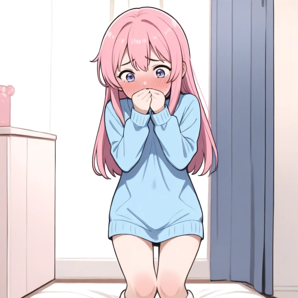 there is a woman sitting on a bed covering her face, wearing revealing shorts, skintight shorts, shorts up bum, open legs, sesuctive pose, ass line showing, buldge, crotch, , wet legs, anime, chibi, , sexy,  age 8,