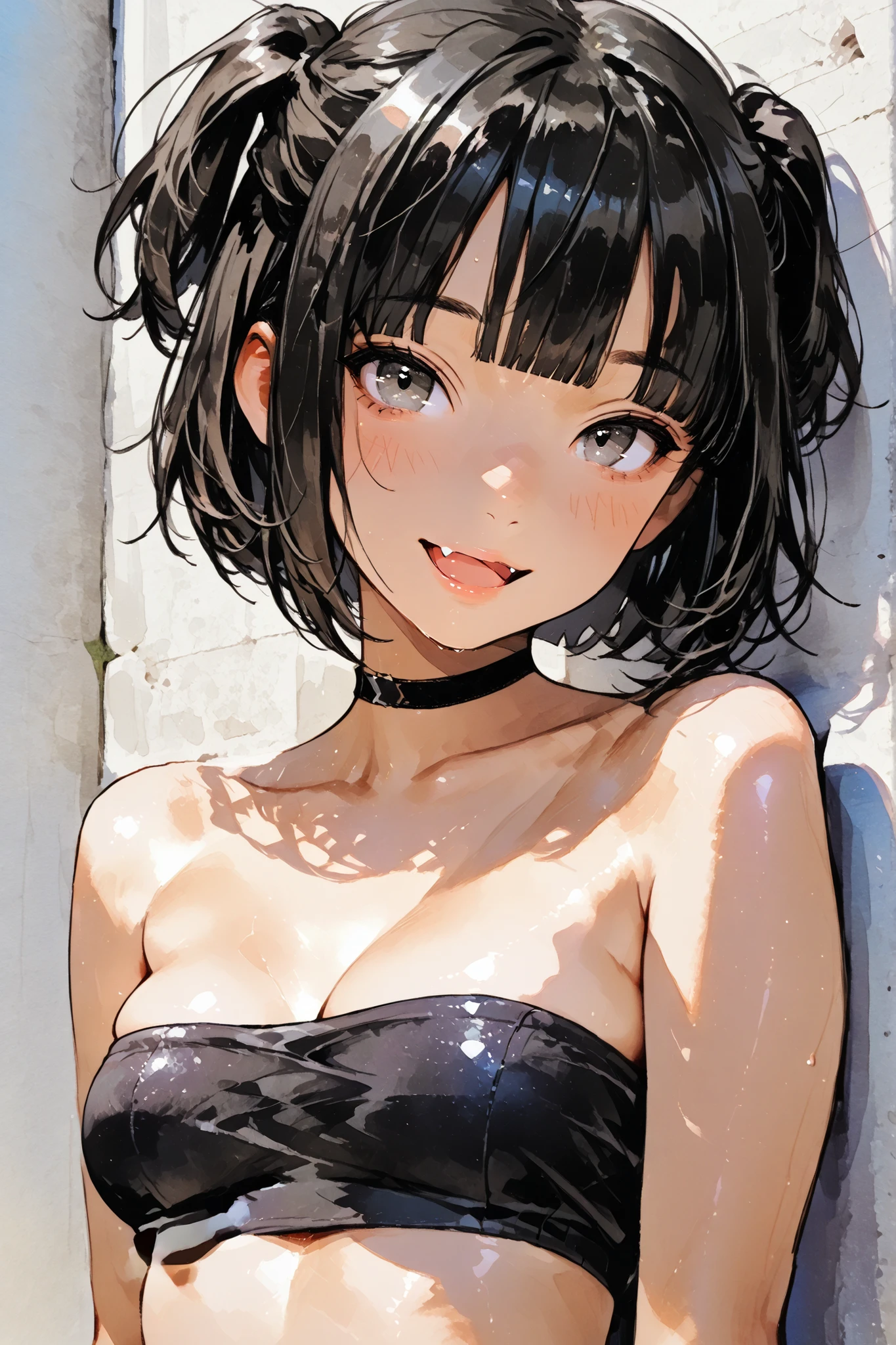 1girl,Super Detailed,absolute resolution,(dynamic angles),(tanned skin:0.3),(tanlines:0.3),portrait,(pinup),Beside viewer,
(leaning on wall,arms at sides,palms on wall),head tilt,
((bandeau bikini)),(barefoot),
detailed and beautiful face and eyes,black hair, blunt bangs,big gray eyes,,bob cut, short hair, two side up, medium breasts, sidelocks, (fang),(messy hair:0.7), (pink eyeshadow:0.5), black choker, (tsurime:0.5),
(Flowing Sweat:0.5),(Smiling warmly:0.7),(blushing:0.7),(shy:0.3),[[open mouth]],Watercolor anime,