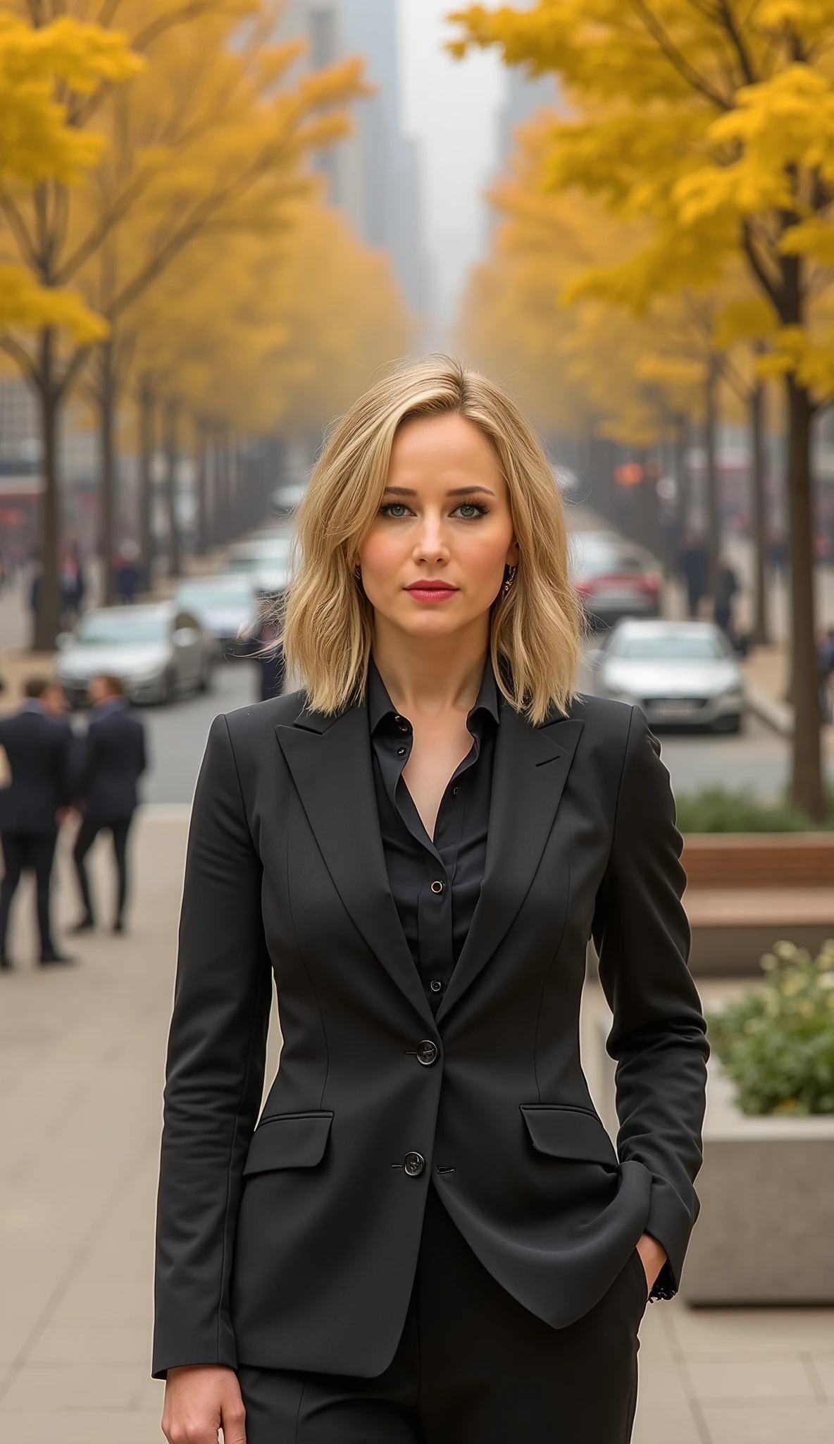 Jennifer Lawrence in a suit and shirt in high quality epic background with cars a street a square people and benches yellow trees