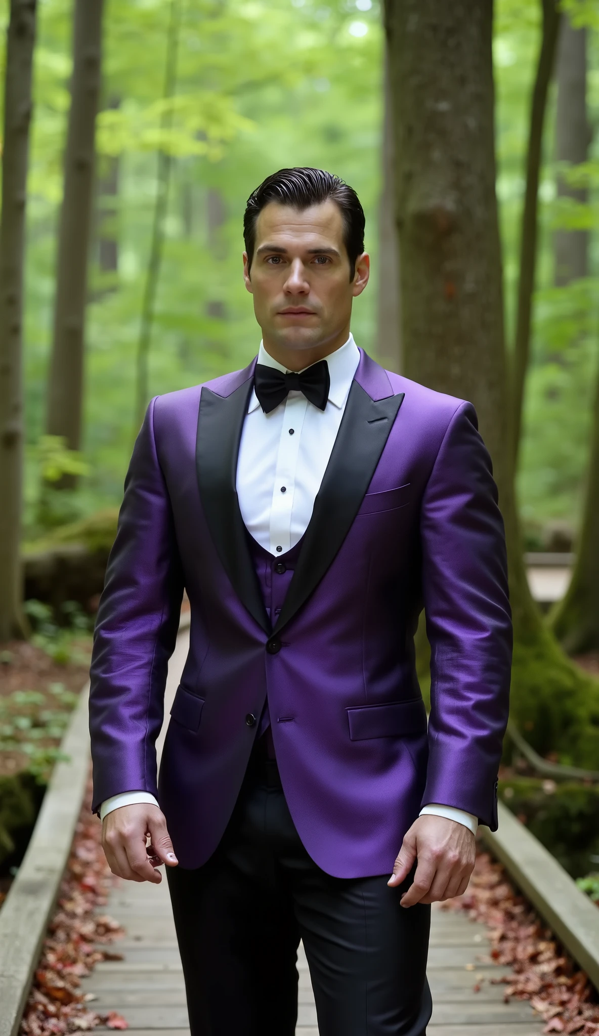 Henry Cavill in a purple and black tuxedo in high quality focus upper body close up on the face, Background Wooden Path in the Forest (Jesup Path, Acadia National Park)
Ambiente: A straight wooden walkway crosses a dense green forest, probably during summer or early fall.

Trilha: The raised wooden structure is lined with undergrowth and tall trees with bright green foliage. Some reddish leaves fallen along the way suggest a subtle transition to autumn.

vegetation: Blend of slender trees and shade vegetation, creating a moist and cool environment.

lighting: Soft sunlight filters through the treetops, creating light shadows and a diffused glow.

Transmitted sensation: Frescor, tranquility and natural simplicity. Perfect for calm walks, contemplation or themes of reconnecting with nature.

